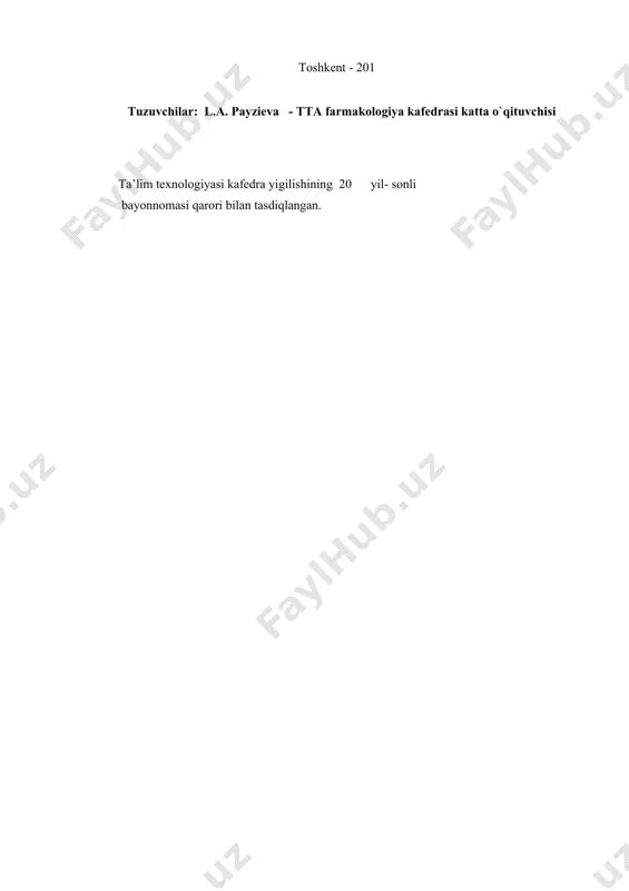 lid-lar guruxlarining umumiy farmakodinamika asosida dorilarning ta’sirini taxlil qilish va qo’llanilishini o’rgatish; - antibiotiklarni yuqorida ko’rsatilgan guruxlari bo’yicha restept yozish ko’nikmalarni rivojlantirish; - informastiyani analiz qilish, umumlashtirish, qiyosiy ta’riflash, tizimlashtirish ko’nik-malarini rivojlantirish; - kommunikativ ko’nikmalarni rivojlantirish. o`quv faoliyati natijalari: talaba bilishi kerak: - antibakterial ximioterapiyaning qo’llash asoslarini; - antibiotiklar tasnifini va ta’sir mexanizmi; - ayrim gurux antibiotiklarni penistillin, stefalosporin, monobaktam, karbapenem ,makrolid va azalidlarni orga-nizmga ta’sirini; - antibiotiklarni penistillin, stefalosporin, monobaktam, karbapenem ,makrolid va azalidlar guruxlarining ta’sir mexanizmini; - antibiotiklarni penistillin, stefalosporin, monobaktam, karbapenem ,makrolid va azalidlar guruxlarining qo’l-lash uchun kursatmasini; - antibiotiklarni penistillin, stefalosporin, monobaktam, karbapenem ,makrolid va azalidlar guruxlarining nojo’ya ta’sirini. talaba qila olishii kerak: - amaliy ko’nikmalarni bajarish – resteptura bo’yicha vazifalarni bajarish (dorilarni chiqarish shakli, dozasi, midori va qo’llanilishini ko’rsatib resteptlar yozish: benzilpenistillinning natriyli tuzi (flak.), ampistillin (tab.), stefotaksim (flak.), stefaleksin ( tab, kaps.), eritromistin ( tab.)). - informastiyani analiz qilish, umumlashtirish, qiyosiy ta’riflash, tizimlashtirish ; …