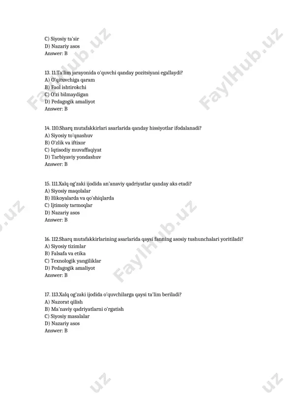 vchining professional kompetensiyasi nima? a) o'qituvchi bo'lishi b) ta'lim jarayonini samarali tashkil etish c) o'quvchilarga ma'lumot berish d) tarbiyaviy yondashuv answer: b 25. 120.islom ta'limotida ilm egallashning maqsadi nima? a) siyosiy manfaatlar b) o'zini va boshqalarni rivojlantirish c) xushmuomalalik d) nazariy asos answer: b 26. 121.ilm egallashda qaysi odoblar muhim? a) qattiq nazorat qilish b) samimiyat va halollik c) faoliyatga e'tibor bermaslik d) pedagogik amaliyot answer: b 27. 122.islomda qanday ilm odoblari mavjud? a) siyosiy ta'sir b) ilmni ulug'lash va qadrlash c) yozuvchilarni nazorat qilish d) tarbiyaviy yondashuv answer: b 28. 123.ahloqiy xulq-atvor qanday ta'sir ko'rsatadi? a) ijtimoiy qiyinchiliklar b) jamiyatdagi muomala va munosabatlarga c) siyosiy munozaralar d) pedagogik amaliyot answer: b 29. 124.islomda qaysi ilmning asosiy vazifasi ahloqni rivojlantirishdir? a) falsafa b) ilm va ma'rifat c) texnologiyalar d) nazariy asos answer: b 30. 125.ahloqiy qadriyatlarni qayerda o'rganish mumkin? a) ijtimoiy tarmoqlarda b) qur'on va hadislar orqali c) o'z-o'zidan d) …