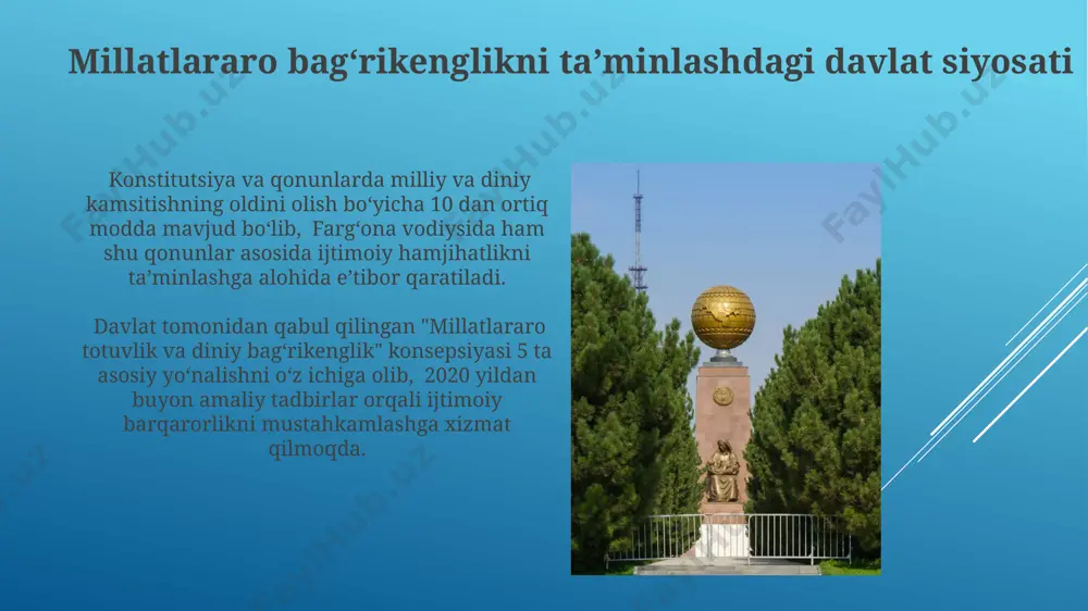 trategiya doirasida, 2024 yilda kamida 500 ta jamoat tadbiri o'tkazish va 10 000 dan ortiq kishini jalb qilish maqsad qilingan. qashqadaryo va samarqand viloyatlarida 2025 yilga qadar 5 ta yangi interetnik madaniyat markazlarini ochish, shuningdek, yoshlar orasida tolerantlikni oshirishga qaratilgan 10 ta loyihani qo'llab-quvvatlash rejalashtirilgan. e'tiboringiz uchun rahmat @taqdimot_robot image1.jpg image2.jpg image3.jpg image4.jpg image5.jpg image6.jpg image7.jpg image8.jpg image9.jpg
