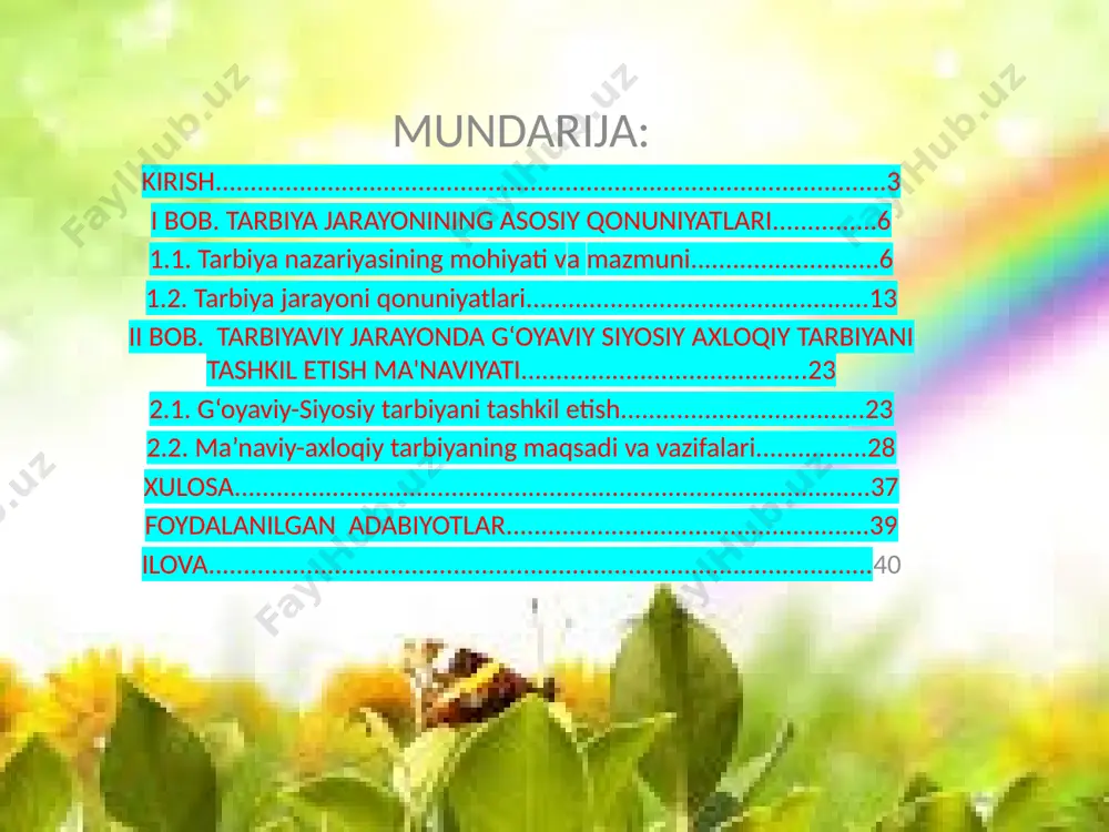 infdan tashqari ishlarda), irodasiga (faoliyatni uyushtirish, xulqni idora qilish jarayonida) tizimli va muntazam ta’sir etib boriladi. tarbiyalash jarayonida bulardan birortasi (ongi, hissiyoti, irodasi) e’tibordan chetta qolsa, maqsadga erishish qiyinlashadi. islom madaniyatining tarkibiy qismi-tasavvuf (sufizm) falsafasida inson ma’naviyatining, ruhiyati o‘ziga xos uslublar orqali aks ettirilgan. hazrat abu hamid al-g‘azzoliy, attor, ahmad yassaviy, abduxoliq g‘ijduvoniy, bahouddin naqshband, najmiddin kubroning ta’lim-tarbiyaga, xulq axloqiga oid qarashlari shaxs pedagogikasida muhimahamiyat kasb etadi. kurs ishning maqsadi: shaxs kamolotida tarbiya yetakchi rol o‘ynaydi. tarbiya rivojlanayotgan shaxsning ijtimoiy tajribani o‘zlashtirish bo‘yicha faoliyatni tashkil etishdan iborat, aniq maqsadga qaratilgan va boshqariladigan jarayondir. ijtimoiy-tarixiy tajribani avloddan avlodga o‘tishi, uni yangi avlod tomonidan o‘zlashtirilishi natijasida shaxs hayotga, mehnatga va muayyan kasbga yo‘naltirish jarayoniga tarbiya deymiz. tarbiya ilmiy, boshqariluvchi, aniq maqsad sari yo‘naltirilgan jarayondir. -tarbiyaviy jarayonda g‘oyaviy siyosiy axloqiy tarbiyani tashkil etish ma'naviyati haqida ma’lumotlar yig‘ish; -tarbiyaviy jarayonda g‘oyaviy siyosiy axloqiy tarbiyani tashkil etish ma'naviyati va ularni hosil qilish bilan tanishish; -tarbiyaviy …