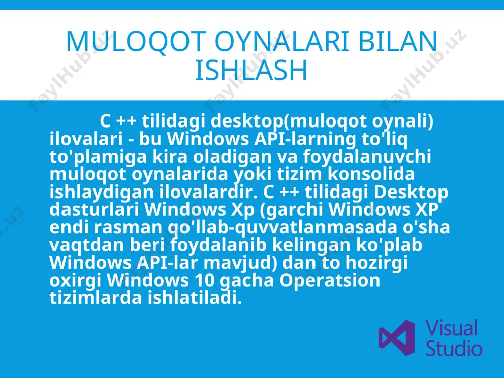 mpty project) elementini tanlashimiz kerak. “name” qismiga yaratiladigan loyiha nomi yoziladi (loyihaning nomi lotin harflaridan tashkil topgan bitta so‘zdan iborat bo‘lishi shart. masalan: faktorial). “location” qismida loyihani saqlanish joyi “browser” tugmasi yordamida ko‘rsatiladi. ”solution” qismida yangi ilova yaratish yoki yaratilgan loyihaga ilova qo‘shish ko‘rsatiladi. “solution name” qismiga yaratiladigan ilovaning nomi kiritiladi. “ok” tugmasi bosiladi va bizning faktorial nomli loyihamiz ochiladi: c ++ tilida visual studio muhiti orqali windows forms loyihasini yaratish c ++ tilida visual studio muhiti orqali windows forms loyihasini yaratish endi biz yaratilgan c ++ loyihasiga windows forms shakli(formasi)ni qo'shamiz . buning uchun "solution explorer" dagi loyiha nomini ustiga sichqonchaning o'ng tugmasini olib borib bosamiz va “add(qo'shish)" ->“new item...(yangi element )" -ni tanlaymiz yoki shunchaki ctrl + shift + a tugmachalarini bosish orqali quyidagi muloqot oynasiga o’tamiz. c ++ tilida visual studio muhiti orqali windows forms loyihasini yaratish c ++ tilida visual studio muhiti orqali windows forms loyihasini …