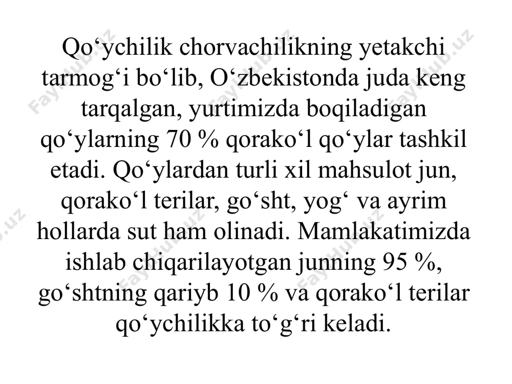 sovliqlar 2 – 3 ta qo‘zi tug‘adi yaylovdagi 600 xil o‘tdan 550 xilini iste'mol qiladi, otlar 100 va qoramollar faqat 50 xilini yeydi oshqozoni 4 kameralik, kovshovchi hayvon ingichka ichaklar – 26 m, yo‘g‘on ichaklar 5 m, so‘rish yuzasi – 2,8 m/kv tez yetiluvchan 6 – 8 oyligida go‘sht uchun so‘yish mumkin. qo‘ylar sil kasalligi bilan kasallanadi, lekin brutsellyoz, qichima, tuyoq chirishi, mastit va gijja kasalliklariga tez chalinadi. tabiiy yashashi 18 yil, xo‘jalikda 7 – 8 yil foydalaniladi. qo‘y zotlari klassifikatsiyasi ingichka kalta dumli qo‘ylar ingichka uzun dumli qo‘ylar kalta yog‘li dumli qo‘ylar uzun yog‘li dumli qo‘ylar dumbali qo‘ylar (hisor, jaydari) b). ishlab chiqarish klassifikasiyasi mayin junli qo‘ylar yarim mayin junli qo‘ylar yarim dag‘al junli qo‘ylar dag‘al junli qo‘ylar hozirgi vaqtda qo‘ylarning asosiy mahsuldorligi bo‘yicha m.f. ivanov ishlab chiqqan xo‘jalik klassifikatsiyasidan foydalaniladi. ana shu klassifikatsiyaga muvofiq urchitiladigan hamma qo‘y zotlari jun qoplamining tavsifi bo‘yicha to‘rtta guruhga bo‘linidi: mayin junli qo‘y …