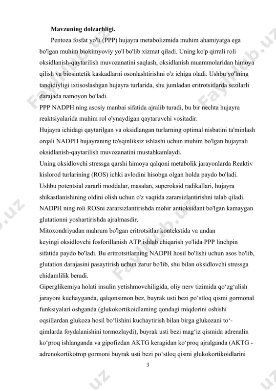arilish muvozanatini mustahkamlaydi. uning oksidlovchi stressga qarshi himoya qalqoni metabolik jarayonlarda reaktiv kislorod turlarining (ros) ichki avlodini hisobga olgan holda paydo bo'ladi. ushbu potentsial zararli moddalar, masalan, superoksid radikallari, hujayra shikastlanishining oldini olish uchun o'z vaqtida zararsizlantirishni talab qiladi. nadph ning roli rosni zararsizlantirishda mohir antioksidant bo'lgan kamaygan glutationni yoshartirishda ajralmasdir. mitoxondriyadan mahrum bo'lgan eritrotsitlar kontekstida va undan keyingi oksidlovchi fosforillanish atp ishlab chiqarish yo'lida ppp linchpin sifatida paydo bo'ladi. bu eritrotsitlarning nadph hosil bo'lishi uchun asos bo'lib, glutation darajasini pasaytirish uchun zarur bo'lib, shu bilan oksidlovchi stressga chidamlilik beradi. giperglikemiya holati insulin yetishmovchiligida, oliy nerv tizimida qo‘zg‘alish jarayoni kuchayganda, qalqonsimon bez, buyrak usti bezi po‘stloq qismi gormonal funksiyalari oshganda (glukokortikoidlaming qondagi miqdorini oshishi oqsillardan glukoza hosil bo‘lishini kuchaytirish bilan birga glukozani to‘- qimlarda foydalanishini tormozlaydi), buyrak usti bezi mag‘iz qismida adrenalin ko‘proq ishlanganda va gipofizdan aktg keragidan ko‘proq ajralganda (aktg - adrenokortikotrop gormoni buyrak usti bezi po‘stloq qismi glukokortikoidlarini …
