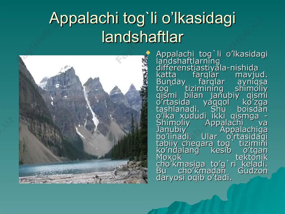 ga tashlanadi. shu boisdan o’lka xududi ikki qismga - shimoliy appalachi va janubiy appalachiga bo’linadi. ular o’rtasidagi tabiiy chegara tog` tizimini ko’ndalang kesib o’tgan moxok tektonik cho’kmasiga to’g`ri keladi. bu cho’kmadan gudzon daryosi oqib o’tadi. o’lka tabiatidagi ichki farqlar faqat geologik tuzilishi, relefi va iqlimi sharoitlarida bo’lib qolmasdan, tuproq-o’simlik qoplamida xam aniq ifodalangan. appalachining shimolida tog` podzol, tog` chimli podzol tuproqlari keng tarqalgan. ular igna bargli va aralash o’rmonlar bilan qoplangan. o’rmonlar asosan tog`larning yuqori qismida yaxshi saqlangan. igna bargli tog` o’rmonlarida qoramtir el, balzam pixtasi, oq qarag`ay tuyalar ko’p o’sadi. aralash o’rmonlarda igna bargli o’rmonlar bilan birga shakar va qizil zarang, oq va sariq qayin, tog`terak, terak, emanlar keng tarqalgan. ayrim joylarda qizil zarang, shakar zarang va emanlardan tarkib topgan o’rmon massivlari saqlanib qolgan. grenlandiya shimoliy muz okeani orollari orasida eng kattasi grenlandiya (yashil o’lka) oroli bo’lib, uning maydoni 2176 ming km2. shundan 1834 ming km2 maydoni muz bilan …