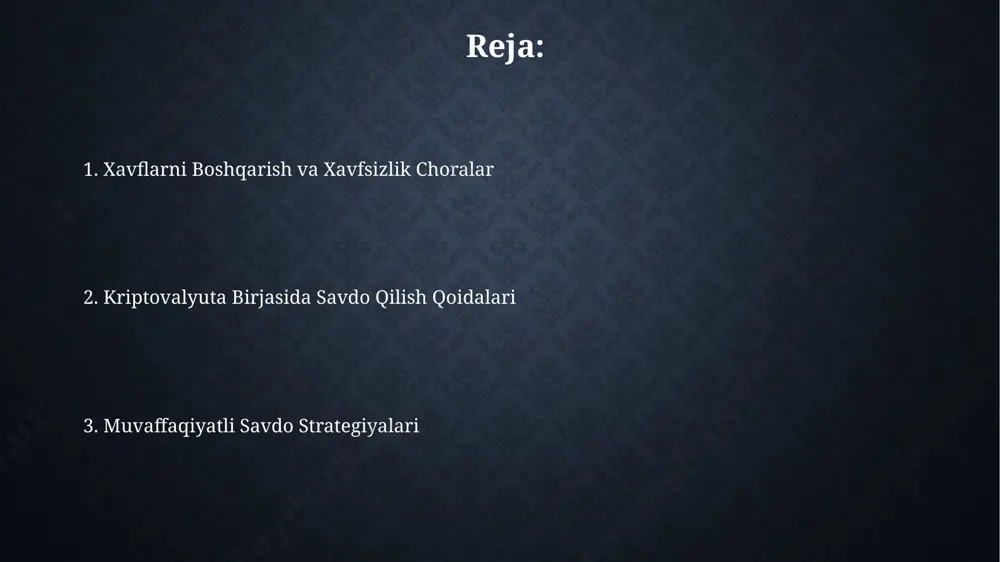 i ko'rsatishingiz kerak, bu esa 10 soniya ichida bajarilishi mumkin, lekin bu platformaning tezligiga bog'liq. xavfsizlik choralarini qo'llash kripto almashinuvingizning rasmiy veb-sayti orqali kirishni ta'minlang va shunchaki 5 dan kam belgidan iborat oddiy parollardan qoching. yaxshi amaliyot sifatida, har bir platforma uchun noyob va murakkab parol foydalaning va buyuk britaniyada joylashgan platformalarning xavfsizlik choralariga e'tibor bering. 2-faktorli autentifikatsiyani (2fa) google authenticator yoki authy kabi ishonchli ilovalar orqali yoqish, hisobingizni 100% dan ortiq himoya qilishga yordam beradi va aqshdagi kabi xavfsiz mamlakatlardan kirish tavsiya etiladi. aktivlarni sotib olish va sotish jarayoni agar siz 500 usdt (tether) ni 10 eth (ethereum) ga almashtirmoqchi bo'lsangiz, almashinuv kursini diqqat bilan kuzatib, buyurtmangizni limit buyurtma yoki bozor buyurtmasi sifatida joylashtirishingiz mumkin. kraken kabi platformalar limit buyurtmalarni qo'llab-quvvatlaydi. kriptovalyuta almashinuvida 100 aqsh dollari miqdorida bitcoin sotib olish uchun siz avval platformaga 100$ + to'lov komissiyasini o'tkazishingiz, so'ngra "buy" buyrug'ini berib, kerakli miqdordagi bitcoinni sotib olishingiz kerak. …