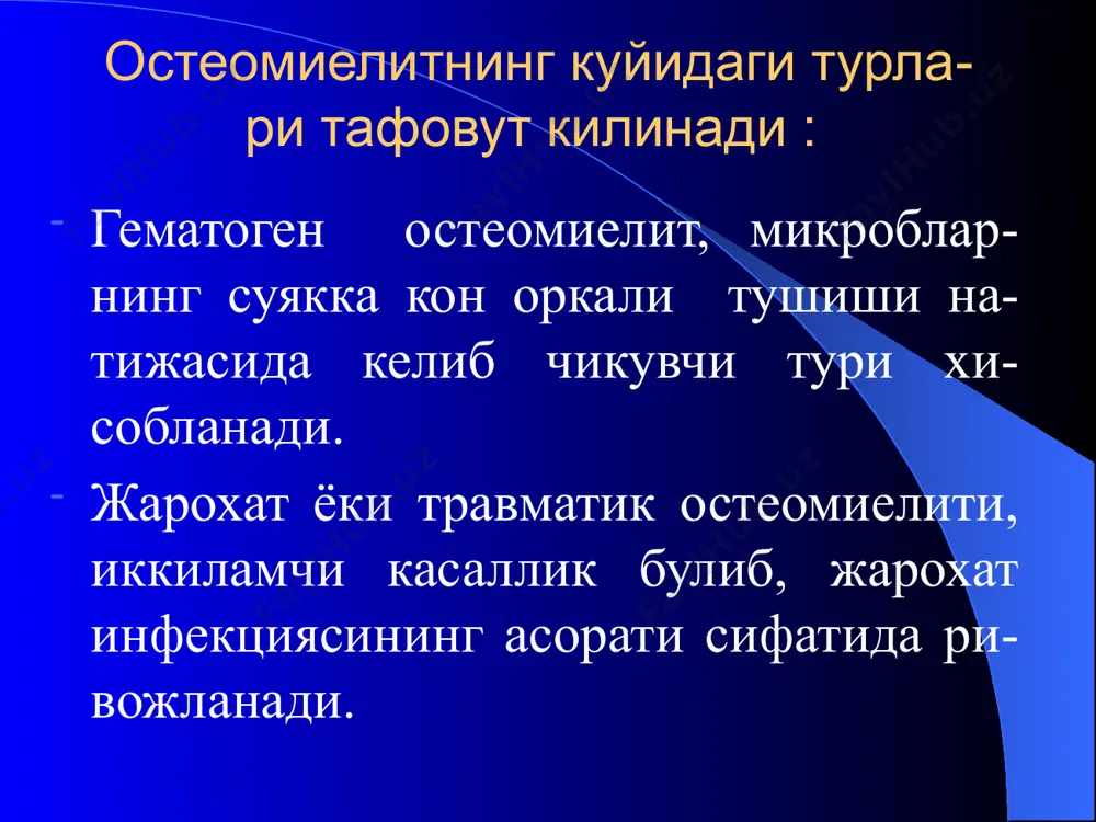lizatsiya kilish (gipsli longetalar, ba'zan esa skelet cho'zish usullari) antibiotiklar sulfanilamidlar va nitrofuran vositalari suyaklarni mikroperforatsiya kilib yiringni chikarish, antibiotiklar yuborish uchun nina yoki mikroirrigatorlar o'rnatish. yumshok to'kimalarda flegmonalar rivojlangan maxallarda yiringli bushliklarni ochish, suyak kanalni trepanatsiya kilib, drenajlash, faol aspiratsiyani yulga kuyish sekvestrlar chegaralanib, osteomielit surunkali shaklga utgan xolatlarda radikal taktika amalga oshiriladi. suyak kanalini trepanatsiya kilib yiringli bushlikni drenajlash operatsiyadan keyingi davrda suyak bo'shligini perfuziya kilish o'tkir travmatik osteomielitning klinikasi suyaklarning sinishi bilan kechuvchi katta shikastlanishlardan keyin kelib chikadi. boshlangich boskichlarida jarayonning yashirin, kechishi. jaroxatda sust granulyatsiyalar, okma yaralar, shish, kuchib yuruvchi flebit va limfangitning bo'lishi. bemorlar umumiy axvolining sekin-asta yomonlashuvi, anemiya rivojlanishi. tana xaroratining oshishi infektsiya bevosita naysimon suyaklar periosti tagiga tushib kortikal katlam gavers kanallarini zararlaydi, lekin chukur katlamlariga kirmaydi. natijada suyaklar zararlangan soxasida trofika buzilib, nekroz va demarkatsion chizik paydo bo'ladi, shu chizik bo'ylab xayotga layokatini yo'kotgan sekvestrlar ko'chib tushadi. rentgen tekshiruvida sekvestr saklovchi suyak …