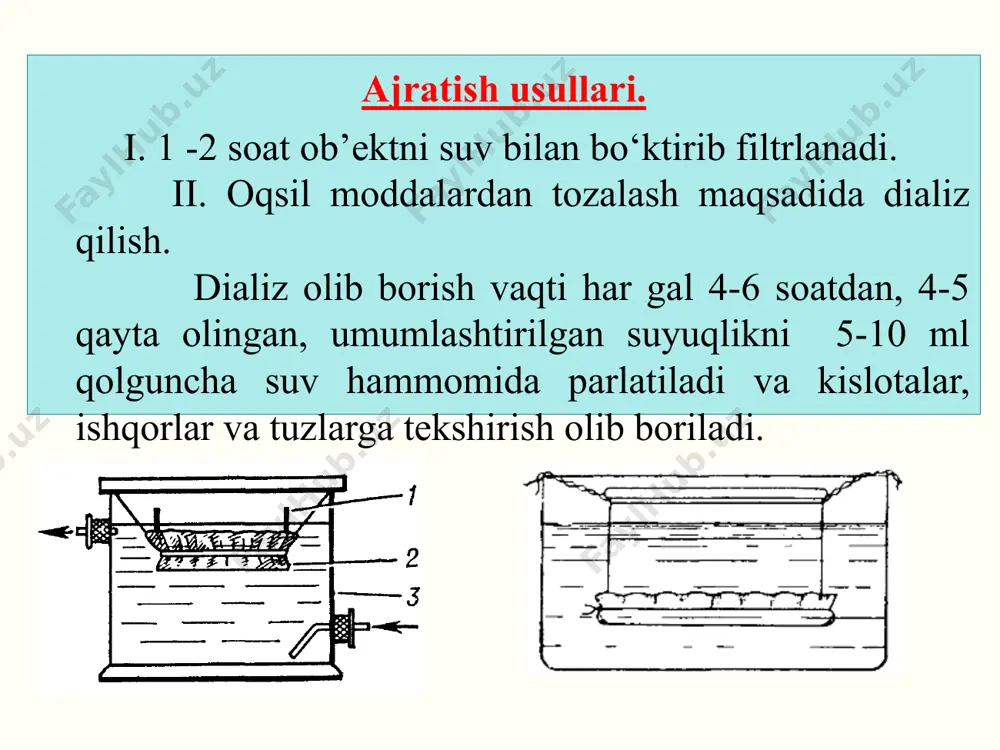 kcl miqdori. - neytrallash usuli. o‘yuvchi ishqorlar va ammiak ishqoriy muhit ph=8-10 fenolftaleinni o‘zgarishi bilan tushuntiriladi. fenolftaleinni rangi faqat ishqor ta’sirida emas, balki ishqoriy metallarni karbonatlari ta’sirida ham o‘zgaradi, chunki ular gidroliz natijasida ishqorlarga aylanadi. shuning uchun suvli eritmani ishqorga tekshirilganda karbonatlarga ham reaksiya qilinadi. bilogik materialdan olingan suvli eritmaga bir necha tomchi 5% bacl2 eritmasidan qo‘shiladi. ishqoriy metallarni karbonatlari bo‘lgan holda oq cho‘kma (baco3) hosil bo‘ladi va eritmani pushti yoki qizil rangi o‘chadi (fenolftaleinni rangi). agar eritmada ishqor bo‘lsa, bacl2 qo‘shgandan keyin cho‘kma hosil bo‘lmaydi, lekin qizil yoki pushti rang saqlanib qoladi. agar eritmada ham ishqor ham karbonatlar bo‘lsa, bacl2 qo‘shilganda oq cho‘kma (baco3) hosil bo‘lib, pushti yoki qizil rang o‘zgarmaydi. образец текста второй уровень третий уровень четвертый уровень пятый уровень kaliy gidroksid kon tahlili: 1) gidrotartrat natriy bilan reaksiyasi. gidrotartrat natriy neytrall yoki sirka kislotali eritmada kaliy ioni bilan oq kristall cho‘kma hosil qiladi. ch3cooh k+ + nahc4h4o6 …