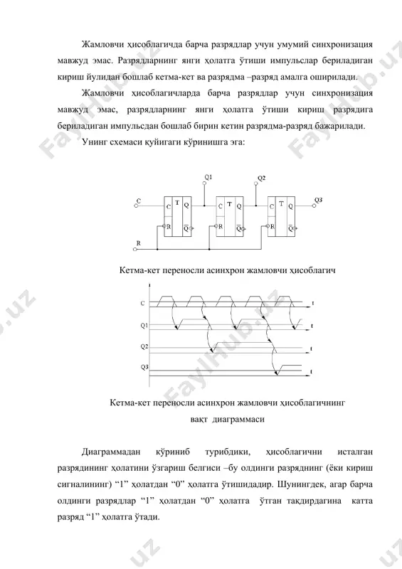 и модели кейин кенгайтирилган ҳақиқийлик жадвали тузилади. сўнг, комбинацион схеманинг чиқиш сигнали ифодаси олинади ва зарурият туғилганда триггерларнинг кириш сигналлари ҳам олинади. кейинги босқичларда олинган ифодалар маълум бўлган мантиқий элементлар ёрдамида реализация қилинади. иккилик-ўнлик ҳисоблагични jk-триггерлар асосида синтез қилиш ушбу мақсадда кенгайтирилган ростлик жадвалини тузамиз ва унда ҳисоблагичнинг турли комбинациялардаги ҳолатини киритамиз. бир ҳолатдан бошқасига ўтиш барча 4-та триггернинг тактли кириш йулига берилувчи ҳисоб импульслари таъсида амалга оширилади. ҳисоблагични ҳолатини характерловчи ҳар бир кодлар гуруҳи учун биз бошқарувчи кириш йўлларининг сигналларини топишимиз керак. ростлик жадвалини тузишда 0 1 j = 1; k = x бўлганда 0 1 ҳисобга олинган. 1 0 қуйидаги ҳолатда k = 1; j = x; 1 1 қуйидаги ҳолатда k = 0; j = x. ҳолатларнинг ўтиши: 0 0 0 x 0 1 1 x 1 1 x 0 1 0 x 1 jk-триггерлар асосида қурилган иккилик-ўнлик ҳисоблагичнинг ҳақиқийлик жадвали импульс номери жорий ҳолати кейинги ҳолати …