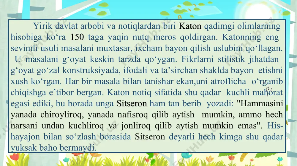 mlar qadimgi yunon va rim matnlarini o'rganishdi ritorika, ishontirish san'atiga qiziqishning tiklanishiga olib keldi. xviii-xix asrlar: - ma'rifatparvarlik davrida jamoat nutqi va siyosiy notiqlikning ahamiyati oshdi. patrik genri va tomas peyn kabi raqamlar amerika inqilobi davrida mustaqillikni himoya qilish uchun kuchli nutqlardan foydalangan. evropada notiqlik siyosiy inqiloblar va islohotlarda hal qiluvchi rol o'ynadi. xx-asr: - xx-asr tarixni shakllantirishda notiqlik kuchiga guvoh bo'ldi. uinston cherchill, franklin d. ruzvelt va martin lyuter king kabi rahbarlar urush va fuqarolik huquqlari uchun kurash paytida ko'pchilikni ilhomlantirgan va safarbar qilgan nutq so'zladilar. zamonaviy davr: - notiqlik zamonaviy davrda jamoat hayotining muhim jihati bo'lib qolmoqda. siyosatchilar, faollar va biznes rahbarlari o'z g'oyalarini etkazish va jamoatchilik fikriga ta'sir qilish uchun nutqlardan foydalanadilar. ommaviy axborot vositalari va texnologiyalarning paydo bo'lishi notiqlik doirasini kengaytirdi, nutqlar endi turli platformalar orqali tarqatilmoqda. nutq madaniyati: - nutq madaniyati samarali muloqot bilan bog'liq me'yorlar, qadriyatlar va amaliyotlarni o'z ichiga oladi. bunga til tanlash, …