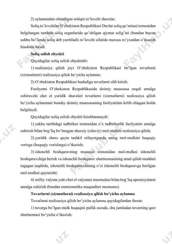 a yoxud ishtirokchidan ushbu yuridik shaxsda ishtirok etish ulushi (ulushning bir qismi) yuridik shaxs tomonidan qaytarib sotib olinganda, ishtirokchiga; b) emitent bo’lgan yuridik shaxs tomonidan aksiyadordan ushbu emitent chiqargan aksiyalarni qaytarib sotib olishda, aksiyadorga; v) yuridik shaxs tugatilganda, aksiyadorga yoki ishtirokchiga; 4) xarajatlari soliq kodeksning 317-moddasiga muvofiq (bundan 20-bandda nazarda tutilgan xarajatlar mustasno) foyda solig’ini hisoblab chiqarishda chegirilmaydigan, soliq to’lovchining o’z ehtiyojlari uchun soliq to’lovchi tomonidan ishlab chiqargan tovarlarni berish, o’z kuchi bilan xizmatlar ko’rsatish; 5) jismoniy shaxslarga mehnatga haq to’lash yoki dividendlar to’lash hisobiga tovarlarni berish (xizmatlar ko’rsatish); 6) soliq to’lovchi tomonidan o’ziga tegishli mol-mulkni (xizmatlarni), agar bunday mol-mulk (xizmatlar) bo’yicha soliq summasi to’liq yoki qisman hisobga o’tkazilgan bo’lsa, boshqaruv organi a’zolariga, xodimlarga, ularning oila a’zolariga yoxud boshqa shaxslarga soliq to’lovchining tadbirkorlik faoliyati bilan bog’liq bo’lmagan shaxsiy maqsadlarda foydalanish uchun berish (xizmatlar ko’rsatish); 7) tovarlarni va boshqa mol-mulkni qaytarish sharti bilan qayta ishlashga berish, agar tovarlar va (yoki) mol-mulk …