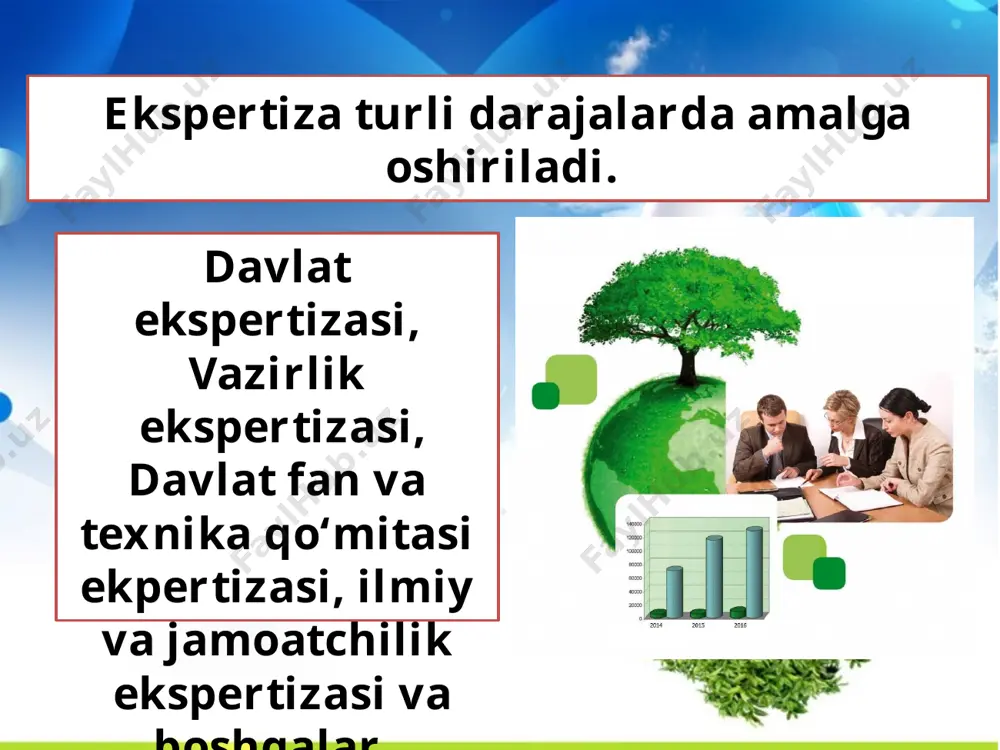 xo’jalik va boshqa xil faoliyatni tartibga soluvchi normativ-texnik va yo’riqnoma uslubiy xujjatlarning loyihalari; texnika texnologiya, materiallar, moddalar, mahsulotlarning yangi turlarini yaratishga doir xujjatlar; atrof tabiiy muhit xolatiga va fuqarolar sog’ligiga salbiy ta’sir ko’rsatuvchi ishlab turgan korxonalar va boshqa obyektlar; keyinchalik ularga alohida muhofaza etiladigan tabiiy hududlar, favqulodda ekologik vaziyat va ekologik ofat zonalari maqomini berish maqsadida o’tkazilgan hududlarni kompleks tekshirish materiallari; shaharsozlik xujjatlarining barcha turlari; maxsus xuquqiy rejimli obyektlar. aholining ekologik xavfsizligi talablariga javob bermaydigan yangi texnika, materiallar, moddalarni qonun talablariga ko’ra ishlab chiqarishga ruhsat berilmaydi. shunga ko’ra sanoat maxsulotlari, mashinalar tabiat muhofazasi normalari va qoidalari talablariga mos kelishini aniqlash uchun ekspertizadan o’tkaziladi. adabiyotlar: 1. «ekologik ekspertiza to’g’risida». o’zbekiston respublikasi qonuni (2000y). atrof tabiiy muhitni muhofaza qilish. qonunlar va normativ xujjatlar. t. 2002. 2. natsionaloy doklad. o sostoyanii okrujayushey prirodnoy sredoi ispolzovani i prirodnix resursov v respublike uzbekistan. t. 2002. 3. li n. ekologicheskaya ekspertiza. uchebnoye rukovodstvo. m. 1995. 4. …