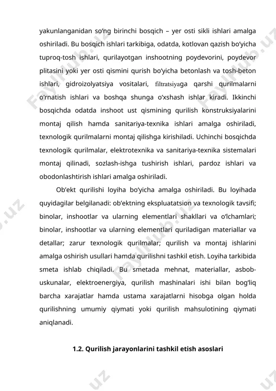 olar, inshootlar va ularning elementlari shakllari va o‘lchamlari; binolar, inshootlar va ularning elementlari quriladigan materiallar va detallar; zarur texnologik qurilmalar; qurilish va montaj ishlarini amalga oshirish usullari hamda qurilishni tashkil etish. loyiha tarkibida smeta ishlab chiqiladi. bu smetada mehnat, materiallar, asbob-uskunalar, elektroenergiya, qurilish mashinalari ishi bilan bog‘liq barcha xarajatlar hamda ustama xarajatlarni hisobga olgan holda qurilishning umumiy qiymati yoki qurilish mahsulotining qiymati aniqlanadi. 1.2. qurilish jarayonlarini tashkil etish asoslari binolar va inshootlarni qurish texnologik va tashkiliy jihatdan o‘zaro bog‘langan qurilish va montaj jarayonlari kompleksining bajarilishi natijasida amalga oshiriladi. qurilish jarayonlariga umumiy qurilish ishlari, chunonchi: tuproq-tosh ishlari, betonlash va temir-beton ishlari, pardoz ishlari va boshqa shunga o‘xshash ishlarni amalga oshirish bilan bog‘liq jarayonlar kiradi. montaj jarayonlari texnologik qurilmalarni montaj qilish va ularni foydalanish uchun tayyorlash, qurilish konstruksiyalari, sanitariya-texnika sistemalari va hokazolarni montaj qilishni qamrab oladi. qurilish va montaj jarayonlarining asosiy, yordamchi va transport turlari farqlanadi. asosiy jarayonlarga konstruksiyalar, binolar, inshootlarni bevosita …
