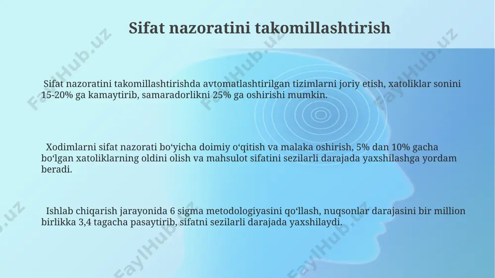 hamkorlarni jalb qilish imkoniyatlarini yaratadi. sifat nazorati standartlari iso 9001 standartiga muvofiq sifat nazorati standartlari, 5s tizimi kabi boshqaruv tizimlari bilan integratsiyalashgan holda, ishlab chiqarish jarayonini optimallashtirishga va xatoliklar sonini 20% ga kamaytirishga yordam beradi. sifat nazorati standartlarida ko'rsatkichlar va me'yorlar aniq belgilanadi, masalan, mahsulotning o'lchamlari, og'irligi va mustahkamligi uchun 0,5 mm dan oshmasligi kerak bo'lgan toleranslar belgilanadi. sifat nazorati standartlari mahsulot sifatini 100% kafolatlash uchun 3 bosqichli tekshiruv jarayonini – xom ashyo, ishlab chiqarish va tayyor mahsulotni nazorat qilishni o'z ichiga oladi. statistikaviy sifat nazorati statistikaviy sifat nazorati, 3-sigma chegarasi ichida 99,7% mahsulotning sifat standartlariga javob berishini ta'minlashga qaratilgan boʻlib, bu jarayonlarda xatolik ehtimolini kamaytiradi. p-diagramma va c-diagramma kabi boshqaruv jadvallari, jarayonning barqarorligini kuzatib borish va potentsial muammolarni o'z vaqtida aniqlashda muhim rol o'ynaydi. o'rtacha va standart og'ishish kabi statistik ko'rsatkichlardan foydalanib, namunaviy tekshirish orqali butun partiyaning sifatini baholash mumkin. sifat nazoratining kamchiliklari sifat nazorati faqatgina aniqlangan nuqsonlarga qaratilgan …