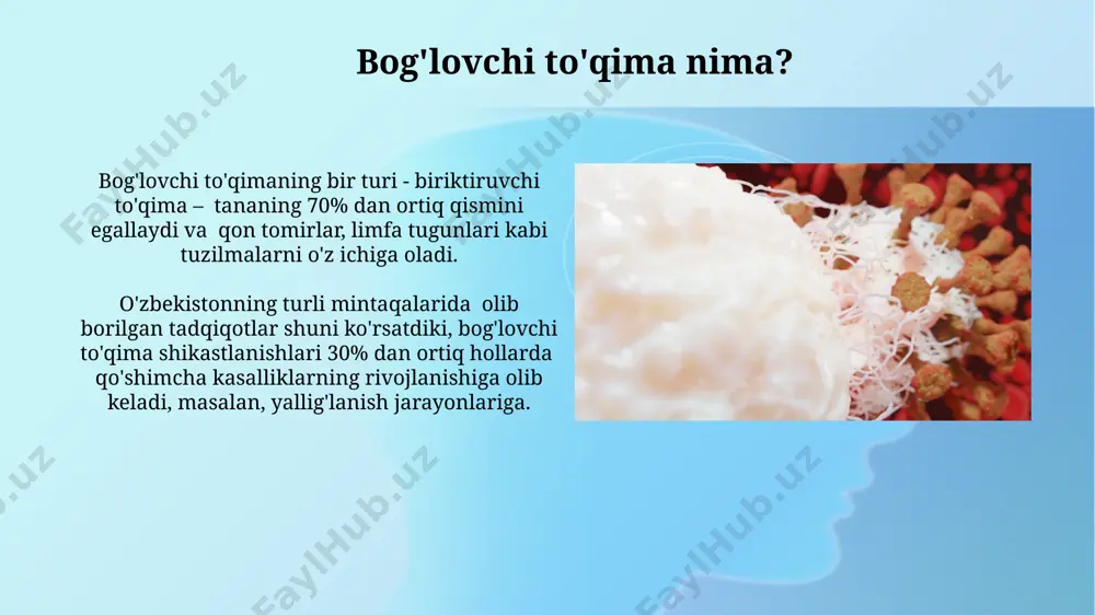 -biriga bog'lab, 3 o'lchovli tuzilmani hosil qiladi va shu bilan organlarning shaklini saqlashga yordam beradi, masalan, teri osti yog' to'qimasida. qon qonning ph darajasi 7,35 dan 7,45 gacha bo'lib, bu organizmning normal ishlashi uchun juda muhimdir. qonning tarkibiy qismlari, masalan, gemoglobin, kislorod tashishda muhim rol o'ynaydi va qonning rangi qizil rangiga sababchi bo'ladi. qonning yurak-qon tomir tizimi orqali tananing barcha qismlariga, jumladan, bosh miya, o'pka va jigar kabi organlarga tarqalishi, 60,000 mil uzunlikdagi qon tomirlari tarmog'i orqali amalga oshiriladi. biriktiruvchi to'qima turlari yumshoq biriktiruvchi to'qima, xususan, qon, 5 litr atrofida hajmga ega va organizmdagi kislorod va ozuqa moddalarini butun dunyo bo'ylab 100 trillion hujayraga tashiydi. qattiq biriktiruvchi to'qima, masalan, suyak, mineral tuzlari va kollagen tolalarining noyob kombinatsiyasi tufayli yuqori mustahkamlikka ega va organizmning skelet sistemasini 206 ta suyagi bilan ta'minlaydi. yog' to'qima yog' to'qimasi (adipoz to'qima) organizmda energiya zaxirasi vazifasini o'taydi va 1 gramm yog' 9 kilokaloriya energiya beradi, bu …