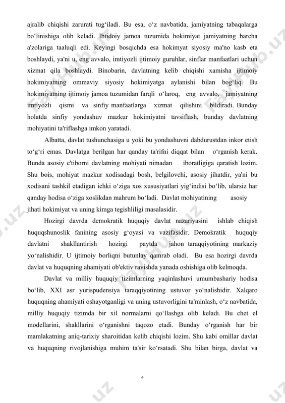 aratish joiz. davlat mohiyatini o‘rganishga turlicha metodologik yondashuvlarning mavjudligi buning asosiy sababidir. chunonchi, sho‘rolar davridagi adabiyotlarda davlat yagona sinfiy nuqtai nazardan tushuntirilgan, ya'ni unga hukmron sinfning cheklanmagan hokimiyati, diktatura quroli sifatida qaralgan. davlat mohiyatini ta'riflashga aynan shunday yondashuv aflotun va arastudan tortib, to ularning g‘arbiy ovro‘padagi bugungi izdoshlarigacha bo‘lgan nomarksistik ta'limotlarni asossiz ravishda idealistik, noilmiy qarash sifatida rad etib keldi. o‘zaro farqlariga qaramay, ularning aksariyati davlatni ijtimoiy murosa va umumiy ezgulik yutug‘i sifatida tushunishlari bunga sabab bo‘lgan. davlatchilik tarixida uni qanday tushunish lozimligini aniqlashni aflotun va arastudan boshlash maqsadga muvofiqdir. ularning tasavvuriga ko‘ra, davlat siyosiy aloqalar vositasida muayyan bir tarzda birlashgan va o‘zaro bog‘liq odamlar jamoasidir. «insonning o‘ziga o‘xshagan va ozod kishilar ustidan hukmronligini o‘rnatuvchi hokimiyat» shu aloqalar asosini tashkil etadi, deb hisoblardi ular. davlat umumiy qiyofasini yagona fuqarolik jamoasi, siyosiy uyushma sifatida tushunish ovro‘pa huquqshunoslik fanida uzoq vaqt mustaxkam o‘rin egallab keldi. umuman, bu borada aflotun va arastu izdoshlari …