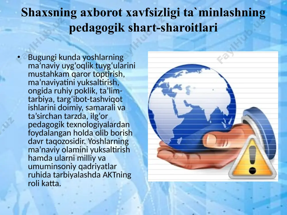 ongi, hayotiy qarashlari shakllanmagan yoshlarni chalg‘itishga qaratilgan g‘arazli kuchlar internet tarmog‘idan o‘z manfaati yo‘lida foydalanayotganini ham inkor etib bo‘lmaydi. demak, yoshlarning intellektual salohiyatini oshirish va ma’na­viy immunitetini kuchaytirish, axborot ma’daniyati va mediasavod­xonligini oshirish-axborot xavfsizligini ta’minlashning bosh omili, desak, mubolag‘a bo‘lmaydi. kompyuter xizmatlaridan foydalanish uchun vaqtini ham, pulini ham, oqibatda salomatligini ham ayamaydiganlar safi tobora kengayib bormoqda. avval haddan tashqari sersavol, hamma narsaga qiziquvchan bo‘lgan bola, asta-sekin o‘zgara boshlaydi. maktabdan keliboq, kompyuterga yopishadigan, undan soatlab ajralmaydigan bo‘lib qoladi. avvaliga ota-onalar farzandi ko‘cha-ko‘yda tentirab yurganidan ko‘ra, darslardan so‘ng uyda, ota-onasining ko‘z o‘ngida o‘tirishidan xotirjam tortadi. so‘ng undagi ruhiy o‘zgarish o‘smirlik davriga to‘g‘ri kelmay qoladi. odamovi, loqayd, yolg‘izlikni xush ko‘radigan, xudbin va takabbur bo‘lib qolayotgandek tuyuladi. taassufki, so‘nggi paytlarda ko‘ngilni g‘ash qiladigan bunday holatlar ko‘p kuzatilmoqda. bugun internetdan foydalanuvchilarni shartli ravishda, ikki toifaga ajratish mumkin. birinchi toifadagilar kasbi talabidan kelib chiqqan holda yoki ilmiy tadqiqotlari uchun zarur ma’lumot va axborot olish maqsadida, internetga …