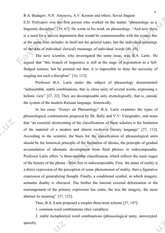 ught with consequences, a sensitive issue; 2. phraseological turns, completely lost the semantic links of their components with the elements of the lexical system of language and become distinctive "separately" words. for example: pruning wings, etc. genetically, these turns also date back to variable combinations of words. but their components are absolutely incompatible in one lexical-semantic "microsystem" with the word in its usual usage; 3. phraseological phrases representing "citation" (in the broad sense of the word), that is reproduced as someone's or from somewhere (proverbs, aphorisims, literary and clichés). the words that make up these turns have a generalized- figurative meaning. for example: and happiness was so possible. academic vinogradov formed the basis for the phraseological science, and he was the first linguist who developed “a classification of stable word combinations taking mainly their semantic cohesion. his work on phraseology became the basis for the emergence of a large number …