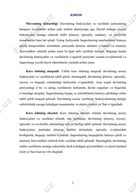 kurashish, ichki va tashqi xavfsizlikni ta'minlashni o'z ichiga oladi. ijtimoiy tartibni saqlash uchun davlatning adliya tizimi, ichki ishlar organlari, harbiy kuchlar va xavfsizlik xizmatlari faoliyat yuritadi. bu funksiyalar, asosan, fuqarolarning huquqlarini himoya qilish, qonunlarga rioya etilishini ta'minlash, ijtimoiy adolatni qaror toptirishga xizmat qiladi. ikkinchi muhim funksiya iqtisodiy rivojlanishning ta'minlanishi hisoblanadi. davlat iqtisodiyotning asosiy tartibotchi, iqtisodiy siyosatni amalga oshiruvchi va iqtisodiy o'zgarishlarni boshqaruvchi organ sifatida faoliyat yuritadi. iqtisodiy funksiya orqali davlat iqtisodiy resurslar, mehnat bozorini, soliq siyosatini, iqtisodiy taraqqiyot va farovonlikni ta'minlaydi. bunga shuningdek, infratuzilma, energiya resurslari, sanoat va qishloq xo'jaligi sohalarini rivojlantirish uchun investitsiyalarni jalb qilish, davlat xarajatlarini tartibga solish ham kiradi. davlatning iqtisodiy faoliyatini tashkil etish, fuqarolarga o'zlarining ijtimoiy ehtiyojlarini qondirishda yordam berish, iqtisodiy tengsizlikni kamaytirish kabi vazifalar ham muhim hisoblanadi. davlatning yana bir muhim funksiyasi – ijtimoiy adolatni ta'minlashdir. bu funksiya fuqarolarning teng huquqlari, ta'lim, sog'liqni saqlash, ijtimoiy ta'minot va boshqa asosiy xizmatlardan foydalanish imkoniyatlarini ta'minlashga qaratilgan. davlat …
