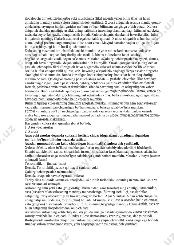 qor yog‘ishi mumkin», «ehtimol bu kitob qohirada nashr etilgan». zaruriylik (apodiktik) hukmlarda zaruran ro‘y beradigan voqealar haqida fikr ifodalanadi. masalan, «parallel chiziqlar kesishmaydi». oddiy hukmlarda terminlar hajmi. yuqorida ko‘rsatilgandek, oddiy hukmlar sub’ekt va predikatdan iborat bo‘ladi. ular hajmi jihatdan xarakterlanadi. hukm terminlari ikki xil hajmda bo‘lishi mumkin: to‘la hajmda olingan va to‘la hajmda olinmagan. agar hukm termini bir turkum predmetlarning hammasini ifodalagan bo‘lsa, to‘la hajmda olingan bo‘ladi, aks holda to‘la hajmda olinmagan bo‘ladi. umumiy tasdiq hukmlarda sub’ekti to‘la hajmda olingan, predikat bir xil hukmlarda to‘la olingan, boshqalarida to‘la hajmida olinmagan bo‘ladi. masalan, «hamma talabalar o‘zbekiston tarixini o‘rganadilar». bunda talabalarning hammasi fikr qilingani uchun sub’ekt to‘la hajmda olingan, o‘zbekiston tarixini o‘rganuvchilar esa faqat talabalar emas, ular bilan birga yana boshqalar ham bor, shuning uchun predikat to‘la hajmda olinmagan. «hamma oddiy hukmlar ikkita termindan iborat» kabi hukmlarda sub’ekt to‘la olingan, predikat ham to‘la, chunki ikkita termindan iborat faqat oddiy hukmlarning o‘zlaridir. juz’iy …