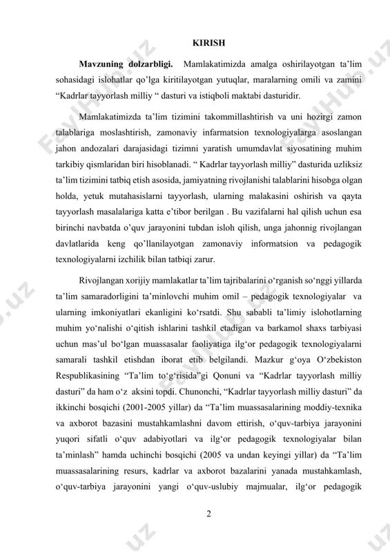 salarining moddiy-texnika va axborot bazasini mustahkamlashni davom ettirish, o‘quv-tarbiya jarayonini yuqori sifatli o‘quv adabiyotlari va ilg‘or pedagogik texnologiyalar bilan ta’minlash” hamda uchinchi bosqichi (2005 va undan keyingi yillar) da “ta’lim muassasalarining resurs, kadrlar va axborot bazalarini yanada mustahkamlash, o‘quv-tarbiya jarayonini yangi o‘quv-uslubiy majmualar, ilg‘or pedagogik texnologiyalar bilan to‘liq ta’minlash” kabi muhim ijtimoiy-pedagogik ahamiyatga ega vazifalarni ijobiy hal etish zarurligiga alohida urg‘u beriladi. respublikada uzluksiz ta’lim tizimi mazmunini belgilab beruvchi muhim me’yoriy hujjatlarda alohida qayd etilganidek, ta’lim jarayonini ilg‘or pedagogik texnologiyalar yordamida tashkil etish ijtimoiy maqsad – komil inson va malakali mutaxassisni tarbiyalashda yuqori natijalarga erishishni kafolatlaydi. mazkur g‘oyaga tayangan holda mustaqillikdan keyingi yillarda o‘zbekiston respublikasida ham pedagogik texnologiya nazariyasi va unda ilgari surilgan g‘oyalarni o‘rganishga bo‘lgan qiziqish yuzaga keldi, keng ko‘lamli tadqiqotlar olib borildi va bunday harakatlarning samarasi sifatida ilmiy risolalar, o‘quv va metodik qo‘llanmalar yaratildi, uzluksiz ta’lim tizimining turli bosqichlarida faoliyat ko‘rsatayotgan ta’lim muassasalarining pedagoglari mazkur nazariya asoslari to‘g‘risidagi …