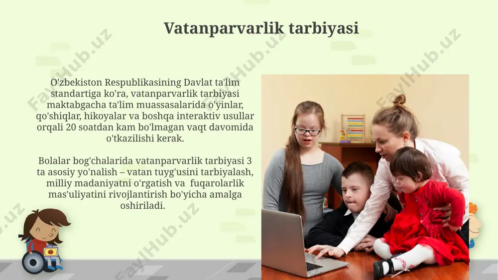 ud. ona tili va adabiyoti darslarida 5-6 yoshli bolalar uchun 200 dan ortiq she’r va ertaklarni o'qish orqali samarqanddagi maktabgacha ta’lim muassasalarida nutq rivojlantirishga alohida e’tibor beriladi. ijodkorlik va iste'dodni rivojlantirish ijodkorlikni rivojlantirishda 5-6 yoshli bolalarda 20% ga yaqin kreativ fikrlash qobiliyati shakllanishi kuzatiladi, samarqanddagi tadqiqotlar shuni ko'rsatmoqda. preschool ta'limi dasturlariga ijodiy faoliyatni qo'shish, 30% ga yaqin bolalarning o'ziga xos iste'dodini ochib berishi mumkin, andijon viloyati misolida. e'tiboringiz uchun rahmat @taqdimot_robot image6.jpg image7.jpg image8.jpg image9.jpg image10.jpg image11.jpg image12.jpg image13.jpg image14.jpg image1.png