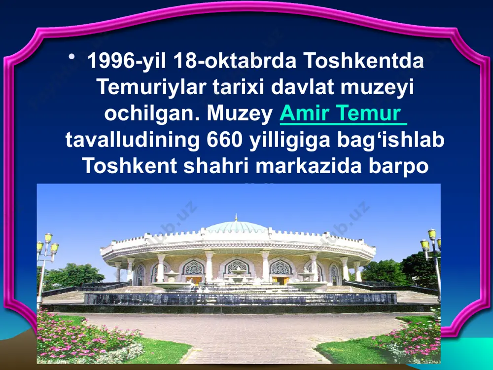 am etgan. muzey o‘zining ilk kunlaridanoq ilmiy fikr va ma’rifiy ishlar markaziga aylandi. muzey eksponatlari katta tarixiy ahamiyatga ega. bular temuriylar davriga oid zargarlik buyumlari, qurol-yarog‘lar , harbiy boshliqlar va oddiy askarlarning kiyimlari, cholg‘u asboblari, ulug‘bekning astronomik asboblari va boshqa ko‘plab madaniy qadriyatlardir muzey ekspozitsiyasida buyuk ipak yoʻli orqali amir temur davlatiga kelgan arxeologik, etnografik va numizmatik materiallar , bezaklar, buyumlar ham oʻrin olgan . bu yerda amir temur va uning avlodlarining yevropa podshohlari bilan yozishmalari, mohir miniatyuralar , amir temurning o‘sha davr yevropalik ustalari tomonidan yozilgan kartinalar nusxalari kabi qimmatli tarixiy hujjatlarni o‘z ko‘zingiz bilan ko‘rishingiz mumkin . ushbu rasmlarning asl nusxalari hozirda fransiya milliy kutubxonasi binosida saqlanmoqda. muzeyning professional tarzda qurilgan ekspozitsiyasi temuriylar davri ruhini aks ettiradi, o'rta asrlar davlati, ijtimoiy hayoti va madaniyati haqida eng boy ma'lumotlarni o'z ichiga oladi . eksponatlarni “o‘zbekiston madaniyati va yozuv tarixi”, “shohruxiya qal’asi”, “chet eldagi merosimiz”, “amir temur-klavixo-samarqand”, “amir temur hayotidan …