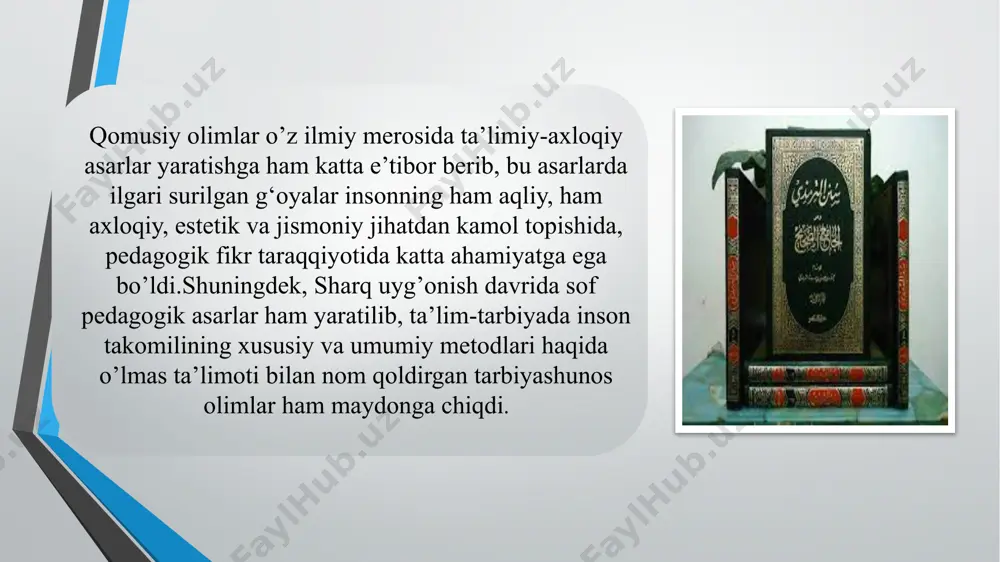sinash metodlaridan foydalangan. allomaning arifmetikaga oid risolalari tafakkumi rivojlantirish uchun bilimlarni izchil bayon etishga e’tibor berganligini ko‘rsatadi. “men arifmetikaning oddiy va murakkab masalalarini o‘z ichiga oluvchi “aljabr val-muqobala hisobi haqida qisqacha kitob”ni taklif qildim, chunki meros taqsim qilishda, vasiyatnoma tuzishda, mol taqsimlashda va adliya ishlarida, savdoda va har qanday bitimlarda, shuningdek, yer o‘lchashda, kanallar o‘tkazishda, geometriyada va boshqa shunga o‘xshash turlicha ishlarda kishilar uchun zarurdir”1 .muhammad al- xorazmiy bilishni sezgidan mantiqiy tasawur orqali farq qilish haqida fikr bayon etgan: “sezgi” orqali bihsh bu qisman bilish boisa, mantiqiy bilish esa haqiqiy bilimning muhim tomonini namoyon etadi. muhammad al-xorazmiy bilish nazariyasiga muhim hissa qo‘shdi. u birinchilardan boiib, sinov-kuzatish va sinov metod- lariga asos soldi (samoviy obyektlaming harakatini aks ettiruvchi jadval asosida matematik masalalaming algoritm metodida yechishni ishlab chiqdi). u matematik g‘oyalar asosida odam- laming hayotiy zarurati yotishini, ilmiy kashfiyotlar odamlaming amaliy talablari asosida paydo boiishini asosladi. masalan, yer ishlari, binolar qurish, kanallar …