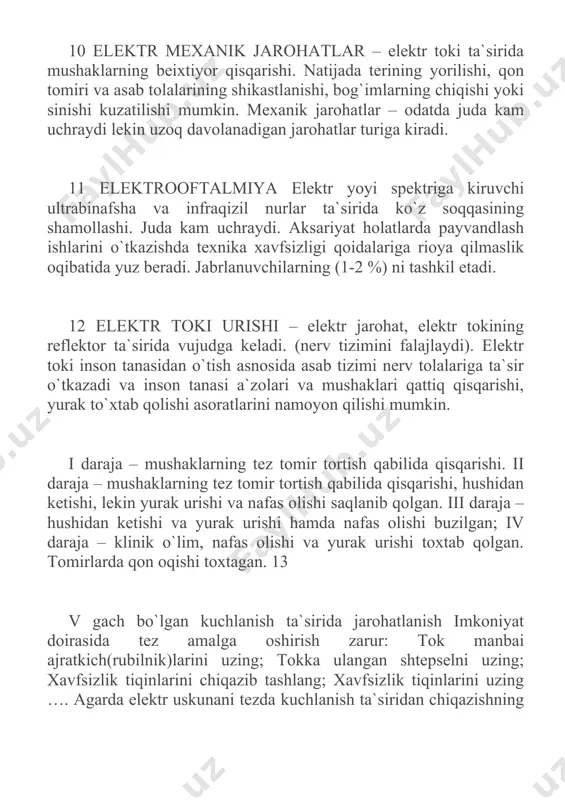qiling. 17 17 elektr toki ta`sirida jarohat olishga ta`sir o`tkazuvchi omillar eletr toki chastotasi (eng xafli chastota sanoat chastotasi 50 gerts) inson tanasidan elektr tokining o`tish yo`llari (tokning eng xafli o`tish yo`llari: qo`l-qo`l, qo`l-oyoq, oyoq-oyoq) inson organizmining individual xususiyatlari (yurak qon tomir kasalligiga chalingan, ichki sekretsiya kasalligi bor, nafas olish tizimi va asab kasalligiga duchor bo`lgan insonlar elektr jarohatlari olishsa, bu jarohat sog`liqqa juda qattiq ta`sir qilishi mumkin) 18 18 inson organizmiga elektr toki ta`sirining tafsilotlari tok, ма o`zgaruvchan (50 gerts) elektr tokidoimiy tok 0,5- -1,5 tok ta`siridagi hislar: yengil achishish, terining jimirlashihech qanday alomatlar sezilmaydi yelka va qo`llarda qattiq og`riq va tomir tortishi seziladi. elektrodlardan qo`lni ajratib olish qiyin. terining qattiq qizib ketishi kuzatiladi qo`llarda chidab bo`lmaydigan darajada og`riq seziladi. elektrodlardan qo`lni ajratib olishning imkoniyati yo`q.(qo`yib yubormaydigan tok). kontakt yuzasida va atrofida teri qizib ketadi qo`l va ko`krak qafasida qattiq og`riq seziladi. nafas olish qiyinlashadi. tok ta`siri to`xtatilmasa nafas …