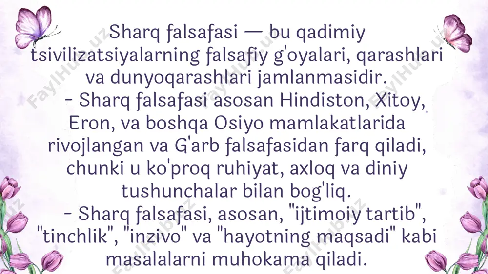 ama (buddha) tomonidan asos solingan budizm falsafasi hayotdagi azob-uqubatlardan qutulish va nirvanaga erishish yo'llarini ko'rsatadi. dukkha (azob) va anatta (o'zlik yo'qligi) tushunchalari markaziy o'rinda turadi. - jainizm: jainizmda ahloqiy tozalik, ahimsu (zo'ravonlik qilmaslik) va barcha mavjudotlarga nisbatan ehtirom qilish tushunchalari asosiy falsafiy g'oyalardir. xitoy: - moizm: mozi tomonidan asos solingan moizm, axloqiy o'zaro yordam va insonlarga nisbatan qattiq munosabatlarni tanqid qiladi. bu tizimda universal sevgi va o'zaro yordam asosiy g'oya hisoblanadi. - legalizm: xitoyda qattiq qonunlar va tartibni o'rnatishga asoslangan falsafiy maktabdir. legalistlar davlat hokimiyatini markazlashtirish va qat'iy tartibni ta'minlashga e'tibor qaratgan o'rta asr sharq falsafasi (miloddan 200–1200 yillar) - islom falsafasi: - ibn sino (avicenna) va ibn rushd (averroes) kabi olimlar o'zining falsafiy asarlarida, asosan, aristotel va plotinning g'oyalarini sharqona izohlagan. ular, ilm-fan, din va falsafani uyg'unlashtirishga intilishgan. - sufizm: sufizm islomdagi mistik oqim bo'lib, insonning ichki poklanishi va alloh bilan bevosita aloqaga kirishni ta'kidlaydi. jaloliddin rumi va al-g'azzoli …