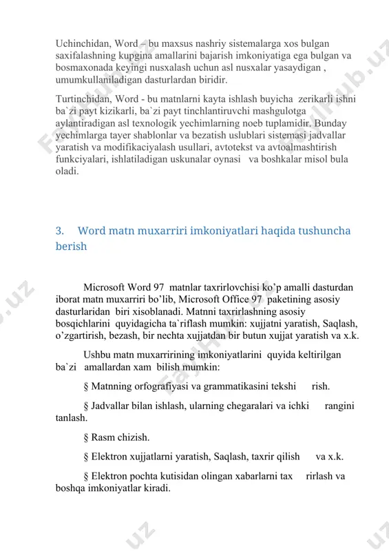 sh, bezash, bir nechta xujjatdan bir butun xujjat yaratish va x.k. ushbu matn muxarririning imkoniyatlarini quyida keltirilgan ba`zi amallardan xam bilish mumkin: § matnning orfografiyasi va grammatikasini tekshi rish. § jadvallar bilan ishlash, ularning chegaralari va ichki rangini tanlash. § rasm chizish. § elektron xujjatlarni yaratish, saqlash, taxrir qilish va x.k. § elektron pochta kutisidan olingan xabarlarni tax rirlash va boshqa imkoniyatlar kiradi. 3. word matn muxarriri imkoniyatlari haqida tushuncha berish word 97 matn muxarririni ishga tushirish uchun ish stolidagi uning yorligini, ya`ni quyidagi rasmni toping va ustiga sichqoncha ko’rsatkichini olib kelib, chap tugmachasini ikki marta tezlikda bosing. agar bu rasmchani ish stolidan topa olmasangiz, ekranning kuyi qismida joylashgan satr (masalalar paneli)dagi «pusk» menyusi ustiga sichqoncha ko’rsatkichini olib kelib chap tugmachasini bir marta bosing. natijada quyidagi oyna namoyon bo’ladi (7.1-rasm). ochilgan menyudan «programmi» qismini, so’ngra ung tomonda xosil bo’lgan ro’yxatdan microsoft word qatorini tanlang va sichqonchaning chap tugmachasini bir marta …