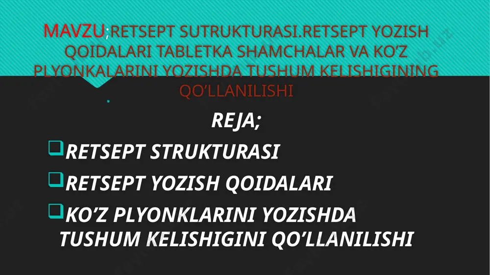 lari va uning miqdorlari ta’sir xususiyatlariga qarab navbat bilan lotin tilida yozib ko’rsatiladi. har bir dori vositasining nomlari bosh harflari bilan yangi qatordan, qaratkich kelishigida yoziladi. dori vositasining nomlanishi yozib ko’rsatilgandan so’ng ularning kerak bo’lgan miqdorlari arab sonlarida. 4) subscriptio – bu qismda vrach farmasevtga tayyorlanadigan dori qanday shaklda bo’lishligi to’g’risida ko’rsatma beradi.5. signatura yoki da. signa – (retseptda qisqacha s yoki d.s. bosh harflari yoziladi.) – bu qismda tayyorlangan dori vositasining qanday qabul qilish usuli milliy tilda yozib ko’rsatiladi va quyidagilar e’tiborga olinadi. 1. dorini qabul qilish usuli (ichga, tashqi teri yuzasiga va xokazo). 2. dorini qanday miqdorlarda qabul qilish (1 kukundan, 2 osh qoshiqdan va xoqazo). 3. dorini necha martadan va qanday vaqtlarda qabul qilish (bir kunda 2 maxal, ertalab va kechqurun, ovqatdan oldin). 4. dorini nima bilan qabul qilish (suvga qushib ichirish, yemga aralashtirib berish va xokazo). 6. nomen medici – retsept davolovchi vrachning imzosi va muxri …