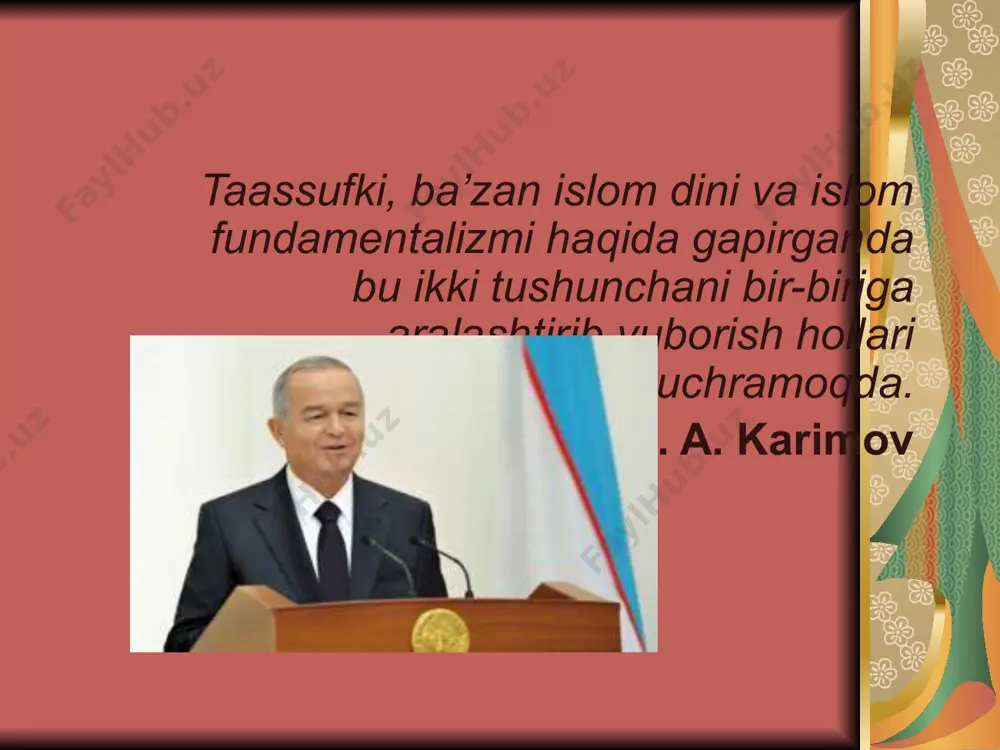 ilash bilan birga, bu borada jaxon xamjamiyati, nufuzli xalqaro tashkilotlar bilan faol xamkorlik qilish va ularning ko’magini xisobga olgan xolda siyosat olib borishga aloxida urg’u berib kelmoqda. o’zbekiston respublikasi oliy majlisi 2000 yil 15 dekabrda “terorizmga qarshi kurashish to’g’risida” qonun qabul qildi. o’zbekiston va jaxon xalqi osoyishtaligi va rivojlanishiga qarshi qaratilgan xalqaro terorizmni bugun xar qachongidan ko’ra kuchayganligini e’tiborga olib, siyosiy raxbariyat muxim taklif va chora tadbirlar tizimini ishlab chiqdi. xamda bu borada barcha xayrixox kuchlar, siyosiy bloklar va davlatlar bilan xamkolikka tayyor. ular orasida yon qo’shni davlatlar bilan xamkorlikka aloxida e’tibor berayotganligi esa o’z-o’zidan ravshan. “tinchlik va barqarorlikka, millatlararo totuvlik va mintaqamiz xalqlari xamda davlatlarining an’anaviy do’stligiga, xamjixatligiga taxdid soluvchi bu jiddiy xavfni bartaraf etish buyicha qo’shni mamlakatlar bilan xamkorlikda zarur chora tadbirlar ko’rish – bugungi kunda eng muxim dolzarb vazifamizdir ”. keyingi yillarda prezidentimizning ana shu jixatga jiddiy e’tibor berayotganligining guvoxi bo’lamiz. jumladan, 2000 yilning o’zida mdx davlatlari …