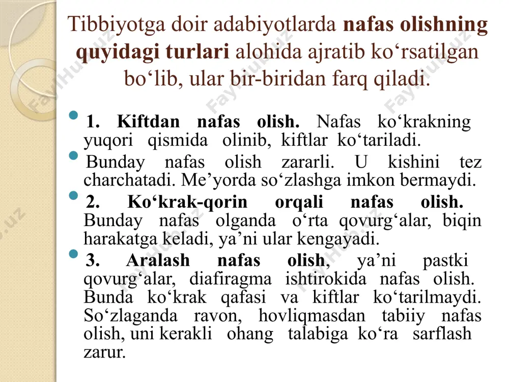 jarangli va ta’sirchan bo‘lishini ta’minlaydi. qaytarg‘ichlar qaytarg‘ichlar inson organizmidagi qattiq qismlardan iborat bo‘lib, ular rezonatorlar deb ham yuritiladi. inson vujudidagi qaytarg'ichlar jumlasiga tish, jag‘, tog‘ayning kemirchaklari, burun tog‘aylari, bosh suyagi, ko‘krak qafasi suyaklari va yelka kuraklari kiradi. paychalarda bo'lgan tovush ovoz yo‘li orqali o‘tadi, o‘tish paytida ana shu qattiq jismlarga urilishi natijasida jarangdorlik va turli rang-baranglik kasb etadi. ovoz turlari va tembr inson ovozi baland-pastligi, yo‘g‘on-ingichkaligiga qarab bir necha turga bo'linadi. masalan, turlanish jihatidan erkaklar ovozi tenor (baland va ingichka), baraton (o‘rtacha) va bas (past va yo‘g‘on) ovozlarga, ayollar ovozi esa, soprano (o‘rtacha) va alt (past va yo‘g ‘on) ovozlarga bo'linadi. ovozning “tembri chiroyli”, “tembri xunuk” degan iboralar aslida muayyan shaxsning ovozi sifatiga berilgan bahodir. modulyatsiya nutq so‘zlash jarayonida ovozning balandlashib va pasayib turishi modulyatsiya deb yuritiladi. so‘z ijrochiligi san’atida ovoz modulyatsiyasining ahamiyati juda katta. chunki bir xil ohangdagi - monoton ovoz zerikarli bo‘lsa, modulyatsiyaga boy ovoz o‘zining ohangdorligi bilan …