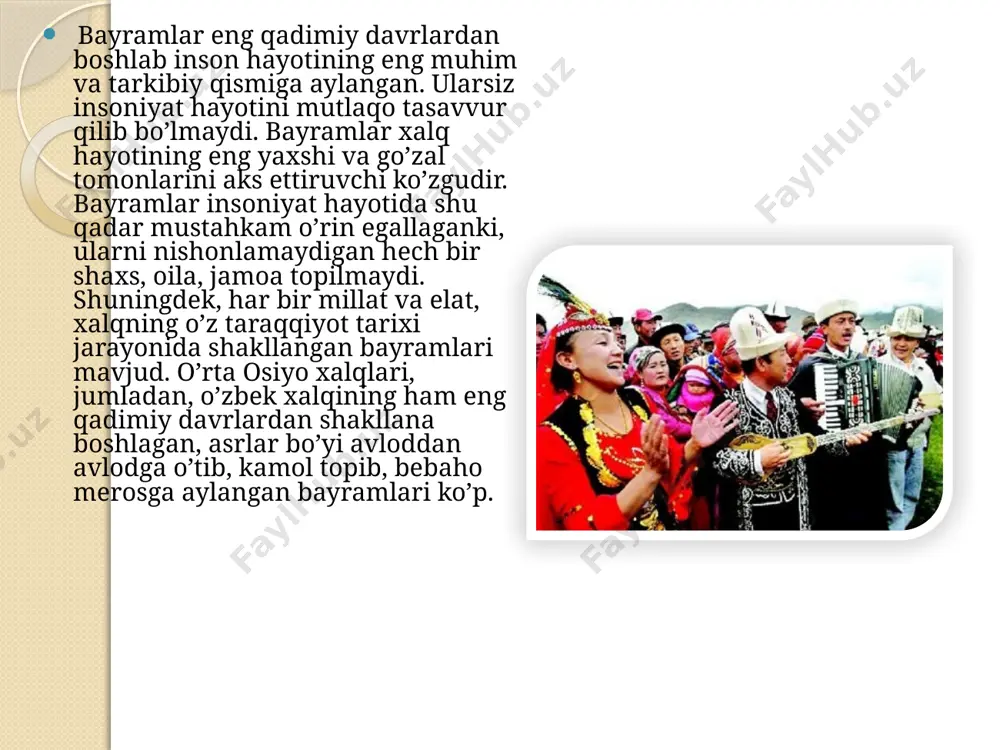 da o’tadigan marosimlardan yana biri -"erkaklikka o’tish" ("erkakka aylanish") edi. o’spirin unga uzoq tayyorgarlik ko’rib, o’zining hayotga tayyorligi va kuchini namoyish qilishga intilgan. bu marosimda o’spirin qiynalgan, sinalgan, xullas, imtihondan o’tkazilgan. ibtidoiy jamiyatda, muste paleolit davridan boshlab, odamlar atrofdagi hodisalarni anglashga intiladilar, lekin ularning tabiat sirlari oldida aqliy jiqatdan ojizligi natijasida turli ilohiy kuchlarga siqinish, jumladan totemistik, animistik, politeistik, magik vujudga kelgan. tabiiyki, kishilar bunday tushunchalar, qarashlar, orzularni muayyan marosim va bayramlarda aks ettirishga uringanlar. chunonchi qurqoqchilik davrida "yomqir tilash" ("sust xotin"), shamol zarar keltirganda-"shamolni to’xtatish" ("choy momo") va shamol kerak bo’lganda -"shamol chaqirish", bevaqt sovuq tushganda -"quyoshga siqinish", omad kelmaganda, ofat bo’lganda qurbonlik qilish va hokazo marosimlar o’tkazilgan. biroq bunday qodisalarni qali bayram deb bo’lmaydi, albatta, chunki ular asosan tabiat injiqliklaridan odamlarga ortiqcha tashvish kelgandagina o’tkazilgan. biroq keyinchalik ibtidoiy odamlar bunday marosimlarni tabiiy ofatlarning go’yo oldini olish maqsadida o’tkaza boshlashadi. bu esa ularning ba’zilarini bayramga aylanib ketishiga sabab bo’ldi, …
