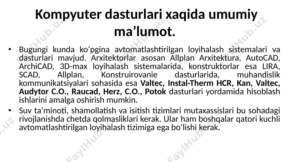 isitish tizimlarini loyihalash va hisoblash imkonini beradi. binoning issiqlik ehtiyojlarini aniqlash: xonalar orqali issiqlik yo‘qotishlarini hisoblash va kerakli issiqlik sarfini aniqlash imkoniyatini beradi. ​ suv ta'minoti va kanalizatsiya hisoblari: sovuq va issiq suv sarfini, shuningdek, kanalizatsiya oqimlarini hisoblash imkonini beradi. gidravlik hisoblar: ichki issiqlik va suv ta'minoti tarmoqlarining gidravlik hisoblarini amalga oshirish imkoniyatini taqdim etadi. ​ qo‘shimcha imkoniyatlar: dasturda quvurlar o'tkazuvchanligini hisoblash, suv ehtiyojini aniqlash, issiqlik tashuvchilar va quvurlar haqida ma'lumotlar bazasi mavjud. ​ dastur foydalanuvchilarga qulay interfeys va keng ma'lumotnoma materiallari bilan ta'minlangan bo‘lib, muhandis-loyihalovchi bo‘lmagan foydalanuvchilar ham undan foydalana olishlari mumkin. valtec c.o. 3.8-dasturi valtec c.o. 3.8 — bu radiatorli va polli isitish tizimlarini loyihalash uchun mo‘ljallangan hisob-kitob va grafik dasturiy ta'minotdir. u quyidagi imkoniyatlarni taqdim etadi:​ isitish tizimlarini loyihalash va sozlash: dastur radiatorli va polli isitish tizimlarini loyihalash, sozlash va to‘liq gidravlik hamda issiqlik hisob-kitoblarini amalga oshirish imkonini beradi. ​ gidravlik va issiqlik hisob-kitoblari: tizimlarning gidravlik va …