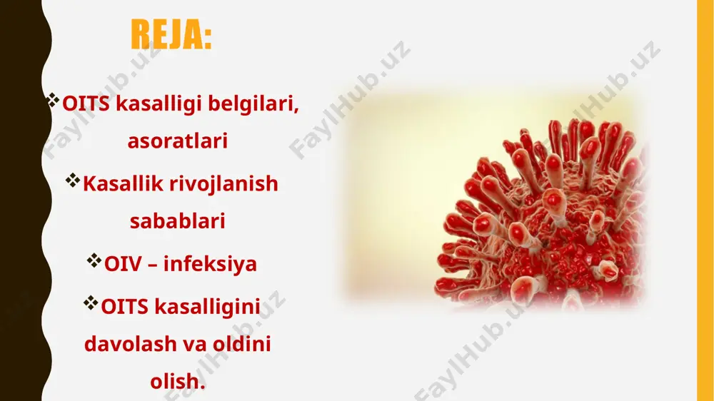 oʻgʻimlar va bosh ogʻrigʻi, loxaslik, qayt qilish, ich ketishi, badanda, ayniqsa, uning yuqori qismida toshmalar paydo boʻlishi mumkin. bu alomatlar odam organizmiga tushgan virus taʼsiriga immunitet tizimi maʼlum darajada javob qaytarish reaksiyasi bilan bogʻliq. lekin bu davrda antitelolarni aniqlash natija bermaydi, chunki immunitet tizimining javobi hali toʻliq shakllanmagan boʻladi kasallikning bu davri 8—10 yilgacha, baʼzan undan ham uzoq davom etishi mumkin. hozirgi kunda amaliyotda oitv infeksiyasi tashxisini qoʻyish qonda kasallik virusiga qarshi paydo boʻlgan antitelolarni aniqlash — immun ferment tahlili (ift) reaksiyasiga asoslangan. dastlabki antitelolar virus organizmga tushgach, 3 haftadan soʻng shakllana boshlasa ham, qoʻllanadigan diagnostikumlar ularni ilgʻay olmaydi. shu bois, odamga ushbu infeksiya ilashgani toʻgʻrisida virus organizmga tushganidan soʻng 90 kun oʻtkazib olingan tekshirish natijasiga qarab xulosa chiqarish mumkin. oits oitv infeksiyasining yakuniy davri hisoblanadi. virus bilan organizm oʻrtasidagi kurash uzoq davom etib, virusning ustunligi bilan tugaydi. shu vaqtdan oits davri boshlanadi. bu davrda odam organizmi har qanday mikrobga …