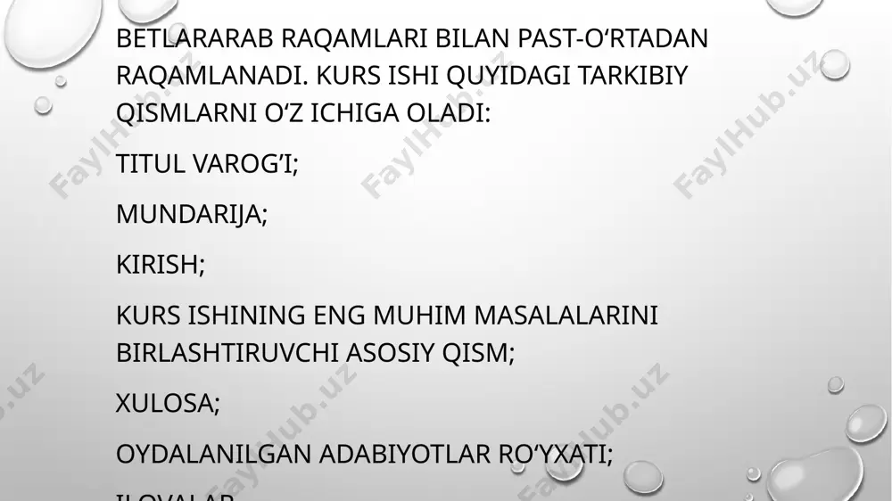 nuniyatlari aniqlanadi, ularga ta’sir qiluvchiomillar o‘rganiladi hamda tadqiq qilinayotgan muammo va masalalarning yеchimiga qaratilgan taklif va tavsiyalar ishlab chiqiladi. kurs ishida o‘rganilgan ilmiy-amaliy jarayonlarni umumlashtirishga, muammolarning yеchimiga qaratilgan ilmiy asoslangan taklif va tavsiyalarning bo‘lishi maqsadga muvofiqdir. kurs ishining xulosa qismi 1-2 bеtdan iborat bo‘lib,unda talaba ilmiy tadqiqotning asosiy natijalari hamda o‘zining taklif va tavsiyalarini kеltiradi. foydalanilgan adabiyotlar ro‘yhatida.kurs ishi yozish davomida foydalanilgan manbalar ro‘yxati kеltiriladi. ilovalarda asosiy matnni o‘qishni qiyinlashtirishi mumkin bo‘lgan jadvallar,grafiklar, hujjat nusxalari, diagrammalar kеltiriladi. kurs ishi matnida mavzuni ochib bеrish bilan bog’liq bo‘lgan va to‘g`rituzilgan jadvallar,grafiklar, rasmlar, diagrammalar va boshqa illyustrativ matеriallar kеltirilishi lozim mavzuni yoritishga bo‘lgan talablar kurs ishi grammatik xatolarsiz, ravon adabiy tilda yozilishi, so‘z va jumlalar aniq ifodalanishi, ular mantiqan o‘zaro bog`liq bo‘lishi va bir-birini to‘ldirib turishi kеrak. unda kеltirilayotgan statistik malumotlar faqatgina illyustratsiya vazifasini o‘tab qolmasdan, xulosalar chiqarish va ularni isboti uchun xizmat qilishi lozim. kurs ishida kеltirilgan barcha faktlar v ma’lumotlarning aniqligi …