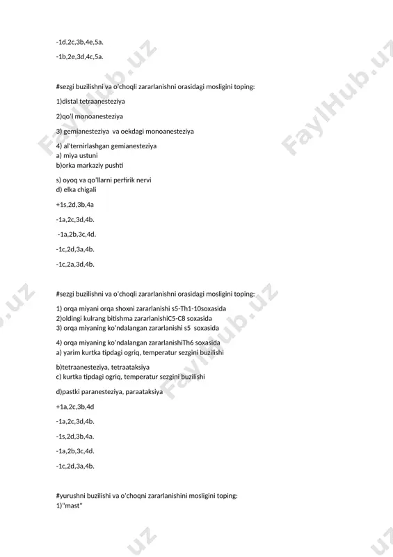 . gemiparez d. gemianesteziya e. tana xaroratining ko'tarilishi j. qonli yoki ksantoxrom likvor kt da gipodens soxa +1- b, v, e, j.. 2- a, g, d, z. -1 - v, z, j, g 2-a,b,d,e -1- j, b, v,e 2- a,d,g,z -1- v, b, j, e 2 – z, d, g,a #dissirkulyator ensefalopatiyaning boskichlari: 1. birinchi 2. uchinchi a. emosional labillik b. demensiya v. uyqu buzilishi g.akinetiko-rigidlik sindrom d. psevdobul'bar sindrom e. anizorefleksiya j. oral avtomatizmsimptomlari z. kritikaning pasayishi +1- a, v, e, j, z.. 2- b, v, g, d, e, j, z. -1 - v, z, j, g 2-a,b,d,e, z -1- j, b, v,e 2- a,d,g,z, j -1- v, b, j, e 2 – z, d, g,a, b #kasallik simptomlari: 1. ishemik insul't 2. bosh miya o'smasi a. gipertenzion sindrom b. o'tkir boshlanishi v. kt da giperdens soxa g. kt da gipodens soxa d. likvorda oqsil miqdorining ortishi +1- b, …