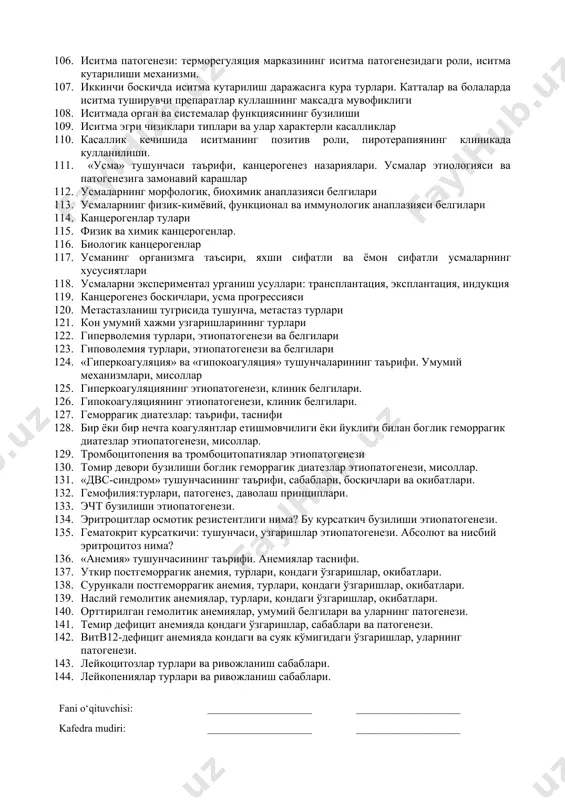 ривожланувчи аллергик реакциялар механизмлари, мисоллар 78. тез ривожланувчи типдаги ва секин ривожланувчи аллергик реакциялар фарки 79. псевдоаллергик реакциялар хусусиятлари 80. гипо-ва десенсибилизация принциплари. 81. аллергик реакциялар ва уларнинг асоратлари профилактикаси ва даволаш принциплари 82. водород, кальций тупланиши шароитида хужайра шикастланиши механизмнинг мохияти 83. липидларнинг перекисли оксидланиши шароитида хужайра шикастланиши механизмнинг мохияти 84. нуклеин кислоталар ва оксиллар парчаланиши шароитида хужайра шикастланиши механизмнинг мохияти 85. «ацидоз» ва «алкалоз» тушунчалари таърифи, турлари 86. ацидозлар таснифи ва сабаблари. 87. алкалозлар таснифи ва сабаблари. 88. ацидозда компенсация механизмлари ва коррекция қилиш принциплари 89. алкалозда компенсация механизмлари ва коррекция қилиш принциплари 90. сув ва электролитларнинг организмдаги ҳажми ва тақсимланиши. сув-туз алмашинуви нерв ва эндокрин регуляцияси механизмлари 91. дегидратация турлари, ривожланиш сабаблари. 92. дегидратацияда сув ва электролитлар дефицитини коррекция қилиш принциплари. 93. гипергидратация турлари, этиопатогенези, белгилари 94. шиш ва анасарка нима? шишнинг турлари, механизми 95. гипогликемия нима? турлари, этиопатогенези 96. гипергликемия нима? турлари, этиопатогенези 97. қандли диабет …