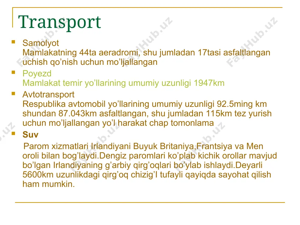 ech qanday dinni qoʻllab-quvvatlay olmasligi va din erkinligini kafolatlashi qayd etilgan. qishloq xo'jaligi irlandiya qishloq xoʻjaligida chorvachilik yetakchi oʻrin tutadi: iqtisodiyotning ushbu sektorida yaimning qariyb 80% ni tashkil qiladi. 2 million gektargacha yaylovda foydalaniladi, aholisi 11 million parranda, 7 million qoramol, 4 million qoʻy boqiladi. bu tarmoqning asosiy mahsulotlari sut va sut mahsulotlari, mol goʻshti, jun hisoblanadi. irlandiya iqtisodiyoti irlandiya respublikasining iqtisodiy tizimi zamonaviy, nisbatan kichik, savdoga bog'liq bo'lgan iqtisodiyot bo'lib, u yiliga o’rtacha 10% ga o’sib bormoqda. bir paytlar tizimda ustun rol o‘ynagan qishloq xo‘jaligi sektori endi sanoat sektoriga almashtirilmoqda; yalpi ichki mahsulotning 46%, eksportning 80% ga yaqini va ishchi kuchining 29% sanoat sektori hissasiga toʻgʻri keladi. irlandiya eksportida mashina va uskunalar, kompyuterlar, kimyoviy moddalar, farmatsevtika mahsulotlari, tirik qoramol va chorvachilik mahsulotlari ustunlik qiladi. import doimiy ravishda eksportdan oshib ketadi. tashqi savdo taqchilligi turizmdan olingan daromadlar, shuningdek, emigratsiyaga ketgan qarindoshlarning pul o‘tkazmalari hisobidan qoplanadi. irlandiya ekonomikasi qishloq xo'jalig'i, sanoat, …