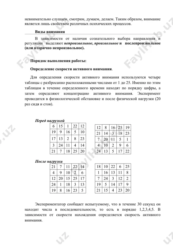 овке и после физической нагрузки (20 раз сидя и стоя). перед нагрузкой 6 15 1 22 12 19 9 16 5 10 17 13 2 8 23 3 24 11 4 14 21 7 18 25 20 12 8 16 25 19 21 14 3 18 23 7 20 11 5 1 4 10 2 9 6 24 13 5 17 22 после нагрузки 21 7 11 22 14 4 9 10 2 6 12 20 15 25 17 24 1 18 3 13 19 8 16 23 5 18 10 22 6 25 1 16 13 11 8 7 24 3 12 2 19 5 14 17 9 21 15 4 23 20 экспериментатор сообщает испытуемому, что в течение 30 секунд он находит числа в последовательности, то есть в порядке 1,2,3,4,5. в зависимости от скорости нахождения определяется скорость активного внимания. заключение работы __________________________________________________________________________________________________________________________________________________________________________________________________________________________________________________________________________________________________________________________________________________________________________________________________________________________________________________________________________________________________________________________________________________________________________________________________________________ указания по оформлению выполненной работы. сравниваются …