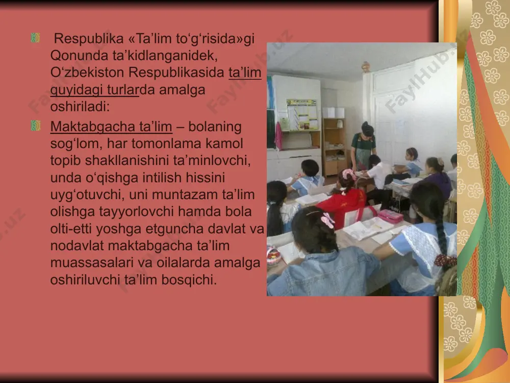 iy fikrlash va atrof-muhitga ongli munosabatda bo‘lishni va kasb tanlash ko‘nikmalarini shakllantirish1 bosqichi. umumiy o‘rta umumiy o‘rta ta’lim muassasalarida amalga oshirilib, o‘quvchilarga i-ix sinflar hajmida davlat ta’lim standartlari talablariga muvofiq fan asoslari bo‘yicha majburiy ta’lim beriladi. akademik litsey o‘quvchilarning imkoniyatlari va qiziqishlarini hisobga olgan holda ularning jadal intellektual rivojlanishi chuqur, sohalashtirilgan, tabaqalashtirilgan, kasbga yo‘naltirilgan ta’lim olishlarini ta’minlash maqsadida davlat ta’lim standartlariga muvofiq o‘rta maxsus ta’lim beruvchi, yuridik maqomga ega ta’lim muassasasi. akademik litseylar asosan oliy o‘quv yurtlari qoshida tashkil etiladi. kasb-hunar kolleji o‘quvchilarning kasb-hunarga moyilligi, bilim va ko‘nikmalarini chuqur rivojlantiruvchi, tanlab olingan kasb-hunar bo‘yicha bir yoki bir necha ixtisosni egallash imkonini yaratish maqsadida tegishli davlat ta’lim standartlari doirasida o‘rta maxsus, kasb-hunar ta’limini beruvchi, yuridik maqomga ega ta’lim muassasasi. oliy ta’lim - o‘rta maxsus, kasb-hunar ta’limi negiziga asoslanib, ikki bosqich (bakalavriyat hamda magistratura)da tashkil etiladigan hamda mutahassisliklar yo‘nalishlari bo‘yicha halq ho‘jaligining turli sohalariga oliy ma’lumotli mutahassislarni tayyorlab beruvchi ta’lim bosqichi. bakalavriat …
