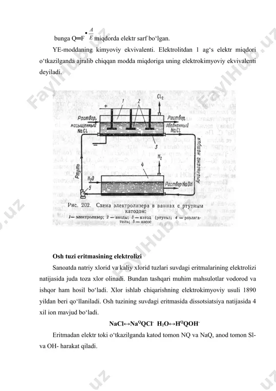 ntrlangan ishqor eritmasi hosil bo‘lsa ham, uning qo‘llanilishi taqiqlab qo‘yilgan, chunki simob ekologik xavfsiz bo‘lmaydi. dunyodagi hamma rivojlangan davlatlar ishqor ishlab chiqarishda membrana usuliga o‘tgan. membrana usulida asbest kartonli diafragma o‘rniga issiq ishqor va xlorga chidamli bo‘lgan, ishqor ta’sirida yemirilmaydigan, ftortutgan polimerlardan yasalgan membranalar ishlatiladi. membranalar kation almashuvchi bo‘lib, anod sohasidan katod soxasiga faqat naq tashib beradi, va sl- o‘tkazmaydi. shu sababli hosil bo‘lgan ishqor sifati yuqori bo‘ladi. dunyoda birinchi bo‘lib yaponiya firmalari (asaxi kasay) bunday membranali moslamalarni ishga tushirdilar va 1983 yilga kelib osh tuzi eritmasidan ishqor, с12 va н2 ishlab chiqaradigan hamma firmalari bu usulga o‘tdi. elektrolizyordagi diafragma vazifasini bajaruvchi parda kation almashuvchi sulfo—( —so3h) va karboksil (—соон) guruhlar tutgan ftorpoli-merlardan iborat. ftorpolimerlarga tetraftor—etilenning sopolimerlari kiradi va ularning makromolekulalarida yuqorida keltirilgan kationalmashuvchi guruhlar tarqalgan bo‘ladi. kationalmashuvchi membrana pardali elektrolizyor sxemasi albomda keltirilgan. elektrolizyorning katod va anod sohalari kam —kation almashuvchi membrana pardasi bilan ajratilgan. anod oraliriga nacl ning …