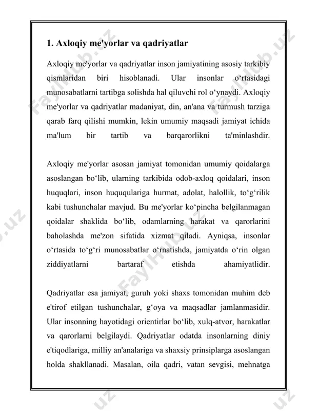 igini ta’kidlaydilar. xulosa qilish mumkinki, axloqiy me'yorlar va qadriyatlar jamiyat rivojlanishining asosiy ko‘rsatkichlaridan biri bo‘lib, ular insonlarning kundalik faoliyatidan tortib siyosiy tizimlarning barqarorligigacha bo‘lgan muhim jihatlarni belgilaydi. axloqiy me'yorlarga rioya qilish va qadriyatlarni saqlash, jamiyatning har bir a'zosi uchun muhim boʻlgan maqsad boʻlishi kerak. 2. axloqiy mas'uliyat va javobgarlik axloqiy mas'uliyat va javobgarlik haqida ma'lumot berishdan oldin, ushbu mavzuni tushunish uchun asosiy tushunchalarni qayd etish muhim: axloqiy mas'uliyat - bu shaxsning o'z xatti-harakatlari va qarorlari uchun axloqiy me'yorlar va qoidalarga muvofiq javobgarlikni o'z zimmasiga olish qobiliyatidir. bu jamiyatda qabul qilingan axloqiy qoidalar va tamoyillar asosida to'g'ri qarorlar qabul qilishni anglatadi. axloqiy mas'uliyat shaxsiy emas, balki ko'pincha jamoaviy turdagi mas'uliyatdir, chunki u jamiyat yoki guruh oldidagi majburiyatlarni ham qamrab oladi. javobgarlik esa, muayyan harakatlar natijasida sodir bo‘lgan voqealar yoki o‘zgarishlar uchun javob berish qobiliyatidir. javobgarlik huquqiy, axloqiy yoki shaxsiy bo‘lishi mumkin. huquqiy javobgarlik qonunlar bilan belgilanadi va qonunni buzgan shaxslar bu …