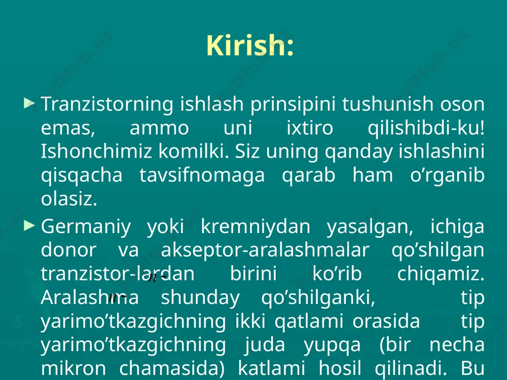 rda gap bunday. emitter bilan baza orasida kuchlanish xosil qilishda p - tip yarim o’tkazgichning asosiy zaryad tashuvchilari bo’lmish teshiklar bazaga o’tib, u yerda ular no asosiy zaryad tashuvchilar bo’lib qoladi. baza juda yupqa va undagi asosiy zaryad tashuvchilar (elektronlar) soni ko’p bo’lmagani uch o’n bazaga tushgan teshiklar undagi elektronlar bilan deyarli rekombinasiyalashmaydi va diffuziya hisobiga kollektorga o’tadi. o’ng tomondagi n –p – o’tish zonasi bazaning asosiy zaryad tashuvchilari bo’lmish elektronlarni o’tkazmaydi, biroq teshiklarni o’tkazadi. kollektorda teshiklar elektr maydon ta’sirida harakatga kelib zanjirni bekitadi. emitter zanjiriga bazadan tarmoqlanib o’tadigan tok kuchi juda kichik, chunki bazaning gorizontal tekislikdagi ko’ndalang kesimi vertikal tekislikdagi ko’ndalang kesimidan ancha kichik. kollektordagi tok kuchi amalda emitterdagi tok kuchiga teng bo’lib, emitterdagi tok bilan birga o’zgaradi. r rezistorning qarshiligi kollektordagi tokka kam ta’sir ko’rsatadi, bu qarshilikni yetarlicha katta qilish mumkin. emitter tokini emitter zanjiriga qo’shilgan o’zgaruvchan kuchlanish manbai yordamida boshqarib biz r rezistordagi kuchlanishni sinxron ravishda o’zgartira …