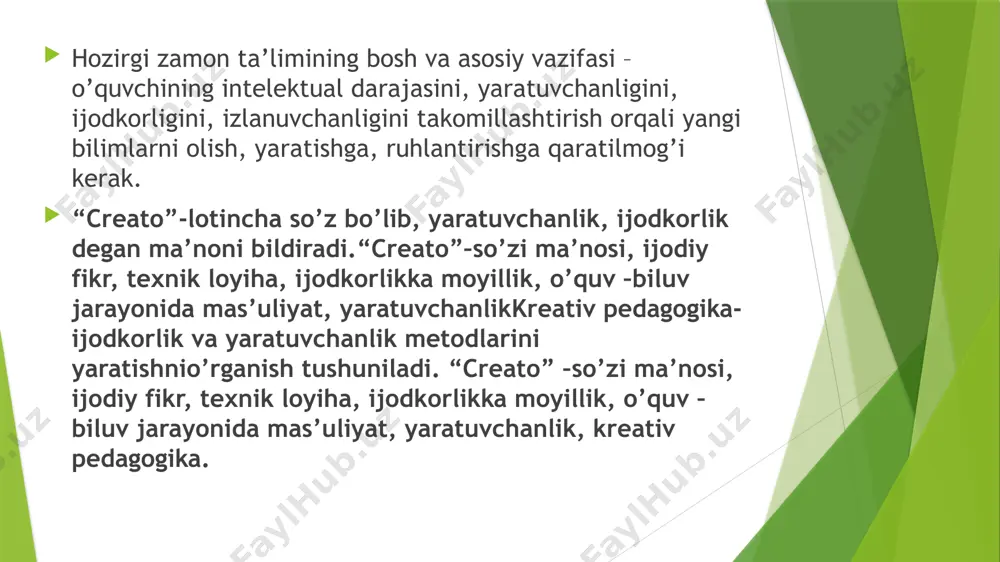 quv jarayonini olib boruvchi –o’quvchi o’quv jarayonining faol ishtirokchisi o’quv –biluv mas’uliyatini o’z bo’yniga oluvchi hamdir. -ta’lim jarayonini texnologiyalashtirish, innovatsiyalar, ilg’or texnologiyalar, yangi o’quv ob’ektlari o’quvchining tafakkurini, abstraktfikrlash, ijodiy fikrlashiga olib keladi. -o’quv jarayonini algoritmlash, loyihalash, modullashtirish o’quvchining o’quv jarayoniga bo’lgan shaxsiy mas’uliyatini oshiradi. ularda motivatsiyaning kuchayishi orqali qo’shimcha ma’lumotlar olish asosida o’z bilimini boyitib borish extiyojini tug’diradi. -o’quv jarayonini kreativ yo’naltirish uchun: o’quv jarayonida o’quv materialini berib borish, boshqa qo’shimcha materiallarni taklif etish va o’quvchini izlanishga, ijodkorlikka yo’naltiruvchi material asosida uni o’z extiyoji, xoxishi orqali yangilik sari yetaklash. -o’quv jarayonini ham shunday o’zgartirish kerakki, unda o’quvchi o’quv materiallarining yaratuvchisiga aylanib, berilgan o’quv materiali o’sha yaratuvchilikka xizmat qilsin. -o’quv materiallariga yangi qo’shimchalar kiritish orqali evristik strategiya, taktika, metod va usullar taklifi orqali o’quvchini ijodiy fikrlashga qiziqishini oshirish kerak.umuman inson faoliyatida yaratuvchanlik, ijodiy fikrlash, har qanday muammoli vaziyatni o’z vaqtida hal etsa, o’quvchi uchun asta –sekin ko’nikma va malakaga aylana boradi …