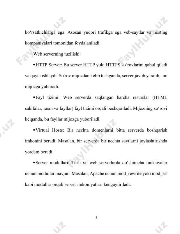 konfiguratsiyalarni o‘zgartirish mumkin. · monitoring va resurslardan foydalanishni kuzatish: web serverlarning ishlashini kuzatish uchun turli monitoring vositalari o‘rnatilishi va sozlanishi mumkin (masalan, grafana, prometheus). web serverlarni o‘rnatish va konfiguratsiya qilishni to‘g‘ri amalga oshirish uning samaradorligi, xavfsizligi va ishlashini ta’minlaydi. apache va nginx web serverlarida konfiguratsiyalarni sozlash har xil bo‘lsa-da, ularning asosiy tamoyillari o‘xshash: mijozdan keladigan so‘rovlarni qabul qilish, qayta ishlash va tegishli javobni qaytarish. 3. web server xavfsizligi, yangilash va texnik xizmat ko‘rsatish web serverlar internetga ulanganligi sababli, doimiy ravishda turli hujumlarga duch kelishi mumkin. xavfsizlik choralarini ko‘rish va muntazam texnik xizmat ko‘rsatish web serverlarning samarali va xavfsiz ishlashini ta’minlashning asosiy qismlaridan biridir. web server xavfsizligi: web server xavfsizligi web ilovalaringiz va foydalanuvchi ma'lumotlarini himoya qilish uchun juda muhim. xavfsizlikni ta’minlash uchun quyidagi choralarga rioya qilish lozim: · https – bu http ning shifrlangan shakli bo‘lib, ma’lumotlar uzatilganda ularni shifrlash orqali xavfsizlikni ta’minlaydi. · ssl (secure sockets layer) yoki uning …