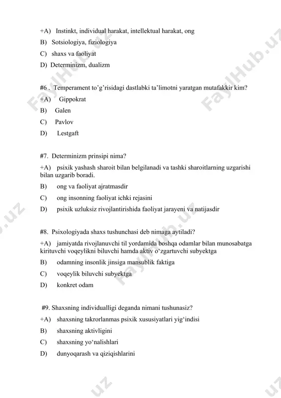 shaxsning yо‘nalishlari d) dunyoqarash va qiziqishlarini #10. shaxs taraqqiyotining yetakchi kuchi nima? +a) ehtiyojlarning qarama-qarshiligi va ularni qondirishning real imkoniyatlarining borligi b) individual holat c) instiktiv harakatlar d) nerv sistemasi qonuniyatlari #11. faoliyat deb +a) anglangan maqsad bilan boshqariladigan ichki va tashqi faollik b) ehtiyojlarni qondirishga qaratilgan ongli harakat c) maqsadni amalga oshirish yo’lidagi harakatlar d) shaxslararo munosabatlarga kirisha olish #12. diqqatning xususiyatlari qaysilar +a) diqqatning barqarorligi,ko’lami,bо‘linishi, kо‘chishi, kuchi b) kо‘chishi va bо‘linishi, adaptatsiya c) ixtiyoriy tо‘planish, seniztiziya, senzibilizatsiya d) tebranish, senzibilizatsiya #13. diqqatning asosiy turlari qaysi +a) ixtiyoriy, ixtiyorsiz, muvaffaqqiyatlashtirilgan b) ixtiyordan sо‘nggi, majburiy c) ixtiyorsiz, ichki va tashqi d) beqaror, salbiy va ijobiy #14. diqqat deb nimaga aytiladi +a) psixik faoliyatning yо‘naltirilishi va shaxs uchun ahamiyatga ega bо‘lgan obyekt ustida tо‘lanishiga b) narsa va hodisalarning ayrim xussiyatlarini aks ettirishga c) psixik faoliyatning ixtiyoriy yо‘naltirilishiga d) materialni esda qoldirish uchun qilingan harakatlarga #15. sezgilarning nerv-fiziologik asoslarini analizatorlar faoliyati bilan …