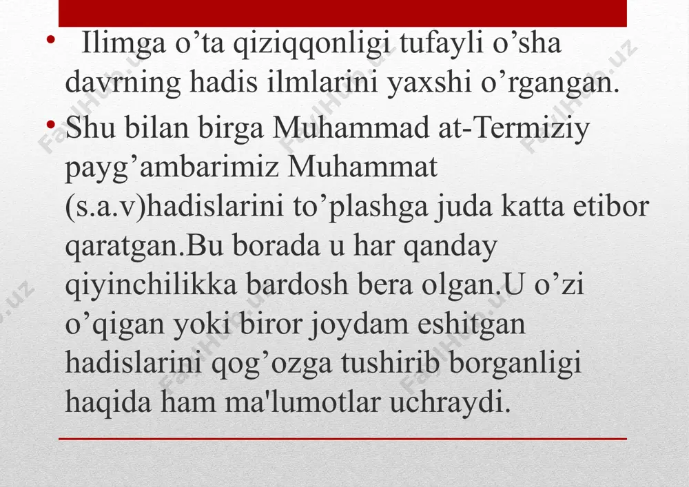 i o‘rta osiyo va qozog‘iston musulmonlari diniy boshqarmasi hay’atining sobiq raisi, marhummuftiy ziyovuddinxon ibn eshon boboxonhazratlari tomonidan yozilgan. «ash-shamoil an-nabaviya»so‘nggi yillarda ham toshkentdabir necha bor nashr etildi. bundan tashqari allomaning1200yillik yubileyi munosabati bilan gazeta va jurnallarda asar va uning muallifi haqida ko‘plab maqolalar chop etildi. mavridi kelganda aytish joizki, buyuk vatandoshimiz abu iso muhammad termiziy bizga boy va katta ilmiy meros qoldirgan. afsuski, hozircha bu qimmatbaho meros respublikamizda yetarlicha o‘rganilgani yo‘q. keng jamoatchilik ham uning hayoti va ijodi haqida to‘liq ma’lumotga ega, deya olmaymiz.2010-yilda«sunani termiziy»ning birinchijildi arabiy manbaga tayangan holda zarur sharh va izohlar bilan to‘ldirilib, o‘zbek tilida qayta nashr etilganini bu boradagi e’tiborga molik ishlardan biri amalga oshirildi, deyish mumkin. ayni vaqtda katta mamnuniyat bilan ta’kidlash joizki, buyukmuhaddisning surxondaryo viloyati sherobod tumani hududida joylashgan maqbarasi mustaqilligimiz sharofati bilan batamom qayta qurilib, allomaning yuksak maqomiga munosib zamonaviy, go‘zal va muhtasham yodgorlik majmuasi barpo etildi. image2.jpeg image3.jpeg image4.jpeg image5.png image6.png