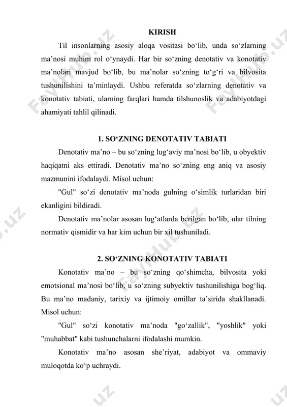 tadi. matnni to‘g‘ri tushunish uchun nafaqat so‘zning asosiy ma’nosini, balki uning kontekstdagi qo‘shimcha ma’nolarini ham hisobga olish zarur. 5. adabiyotda konotativ ma’nodan foydalanish adabiy asarlar ko‘pincha konotativ ma’nolar orqali boyitiladi. yozuvchi va shoirlar so‘zlarning bilvosita ma’nolaridan foydalanib, obrazli ifoda vositalarini yaratadilar. misol uchun, o‘zbekiston xalq shoiri abdulla oripovning she’rlarida "qush" so‘zi erkinlik va ozodlik ramzi sifatida ishlatiladi. har bir tilning ma’no tashuvchi birligi sifatida so‘z va frazemalar e’tirof etiladi. chunki barcha kommunikativ munosabatlar leksik hamda frazeologik birliklar zaminida amalga oshiriladi, ro‘yobga chiqadi. tilning ushbu fundamental unsurlari yuqorida ko‘rsatilgan universal (ma’no tashuvchi) xususiyatlari bilan birga bir-birlaridan farqlovchi struktur hamda semantik o‘ziga xoslikka ega. bu o‘ziga xoslik ularning son ko‘rsatkichiga (frazemalar leksemalarga nisbatan ikkinchi nomlovchi birliklar sifatida ozlikni tashkil etadi) hamda struktural-semantik tuzilmalarga ko‘ra bir-biridan farqlanadi. e’tirof etilgan semiologik ta’lomotlarga ko‘ra so‘z murakkab ma’no tuzilishiga ega bo‘lib doimo ma’noviy, ijtimoiy, psixologik hamda lingvistik bosim ta’sirida bo‘ladi. so‘z ma’nosi olamni lisoniy manzarasini ifodalshda …